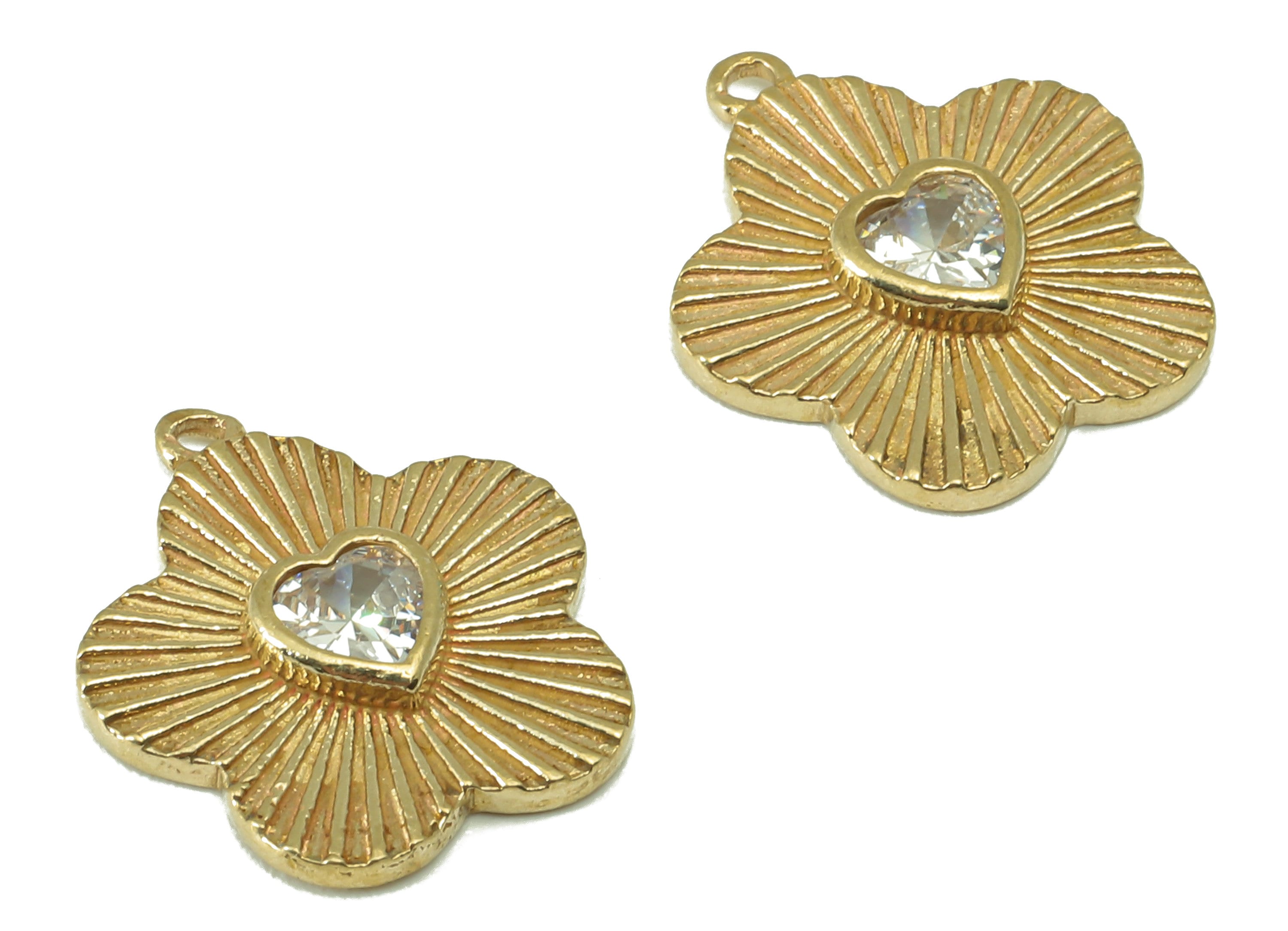Brass Flower Earring Charms -Raw Brass Texture Petal Shaped Pendant-Cubic Zircon-Botanical Charm-For Jewelry Making-15x 13x 2.4mm-PP8326 - DOMEDBAZAAR