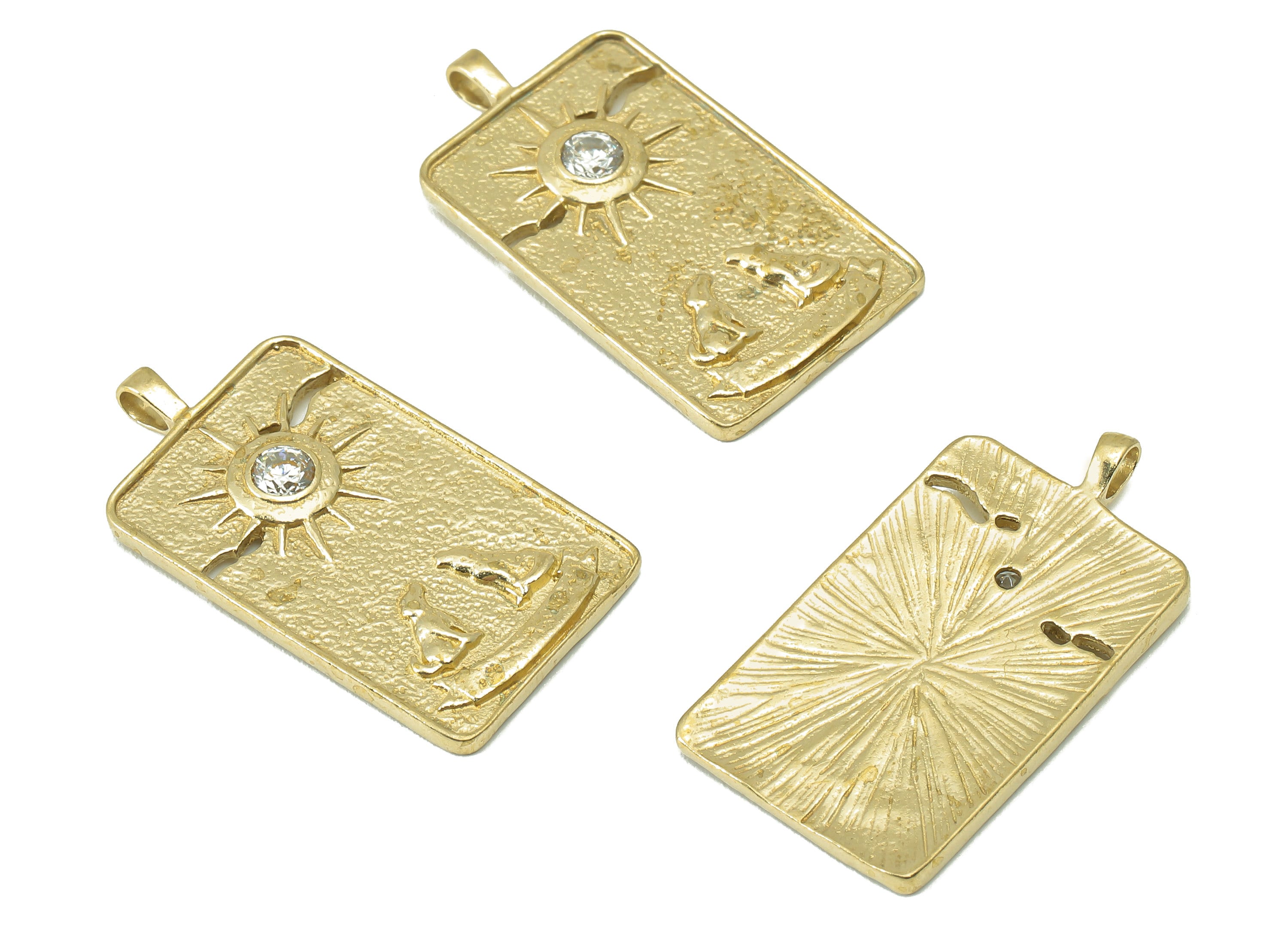 Brass Rectangular Earring Charm-Raw Brass Vintage Tarot Cards Pendant-Cubic Zircon-Sunshine Charm-For Necklaces-30x 16x 2.5mm-PP8319 - DOMEDBAZAAR