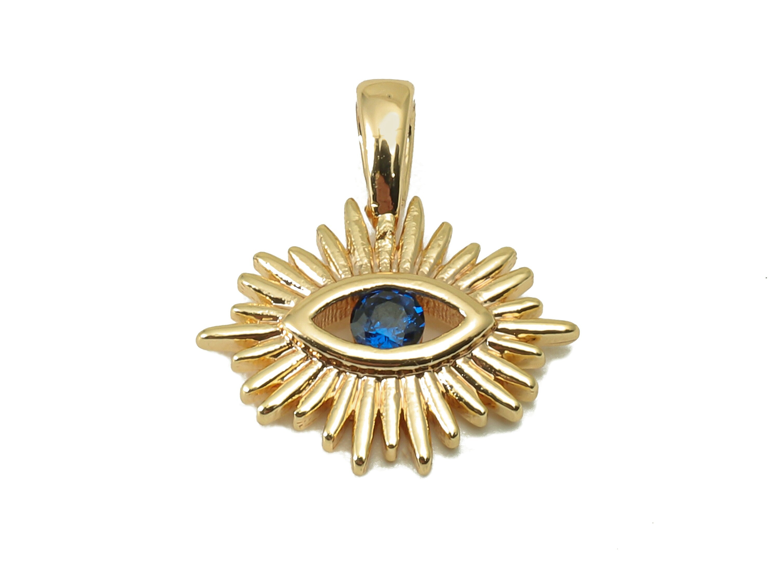 Brass Sun Eye Earring Charm - Sun Eye CZ Charm - Blue Cubic Zirconia Pendant - For Necklace -18K Real Gold Plated - 14x12.96x1.86mm- RGP5957 - DOMEDBAZAAR