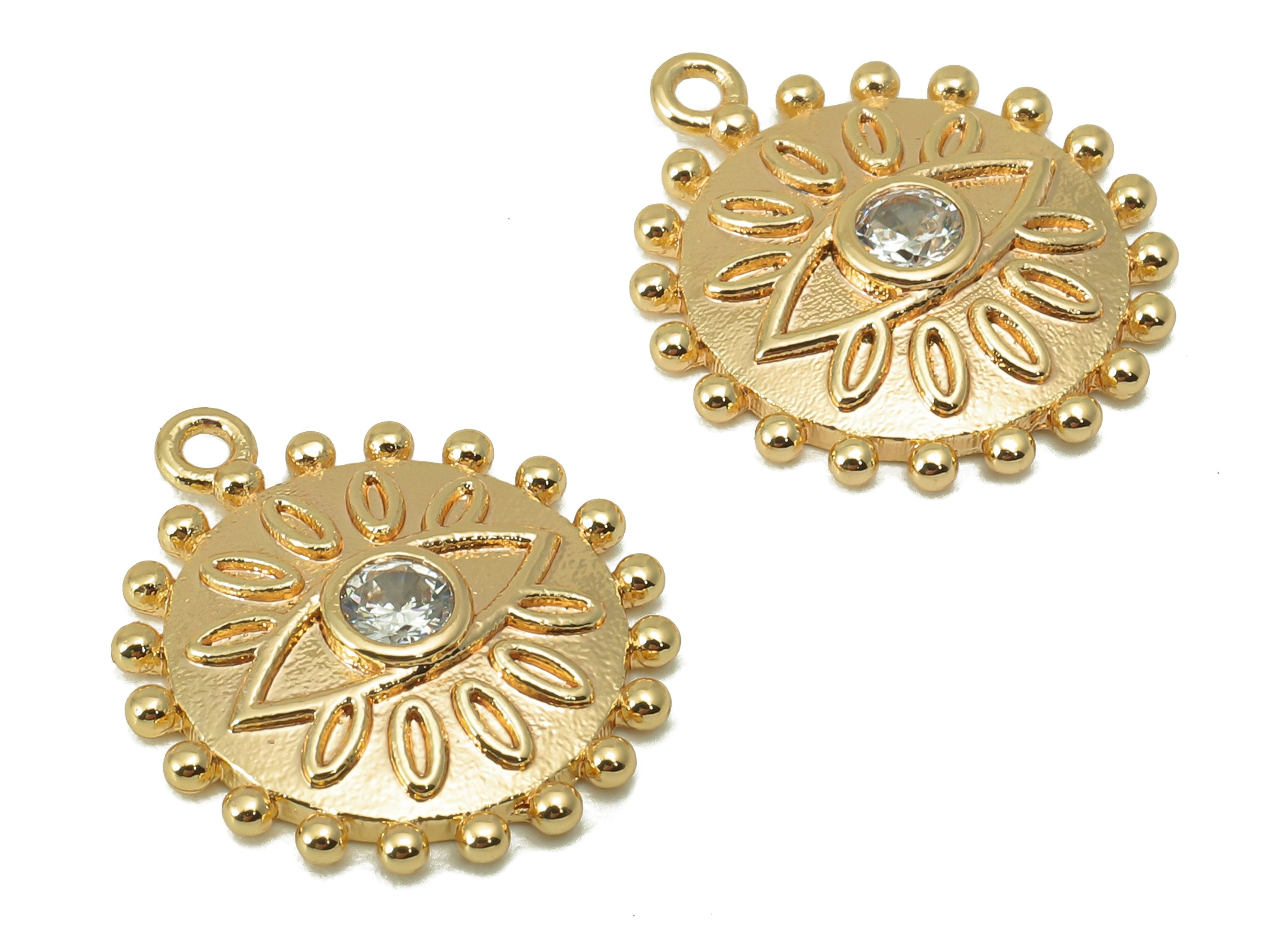 Brass Round Earring Charm - Brass Eye CZ Charm - Brass Cubic Zirconia Pendant - 18K Real Gold Plated - 17.12 x 15.1 x 2.64mm - RGP5961 - DOMEDBAZAAR