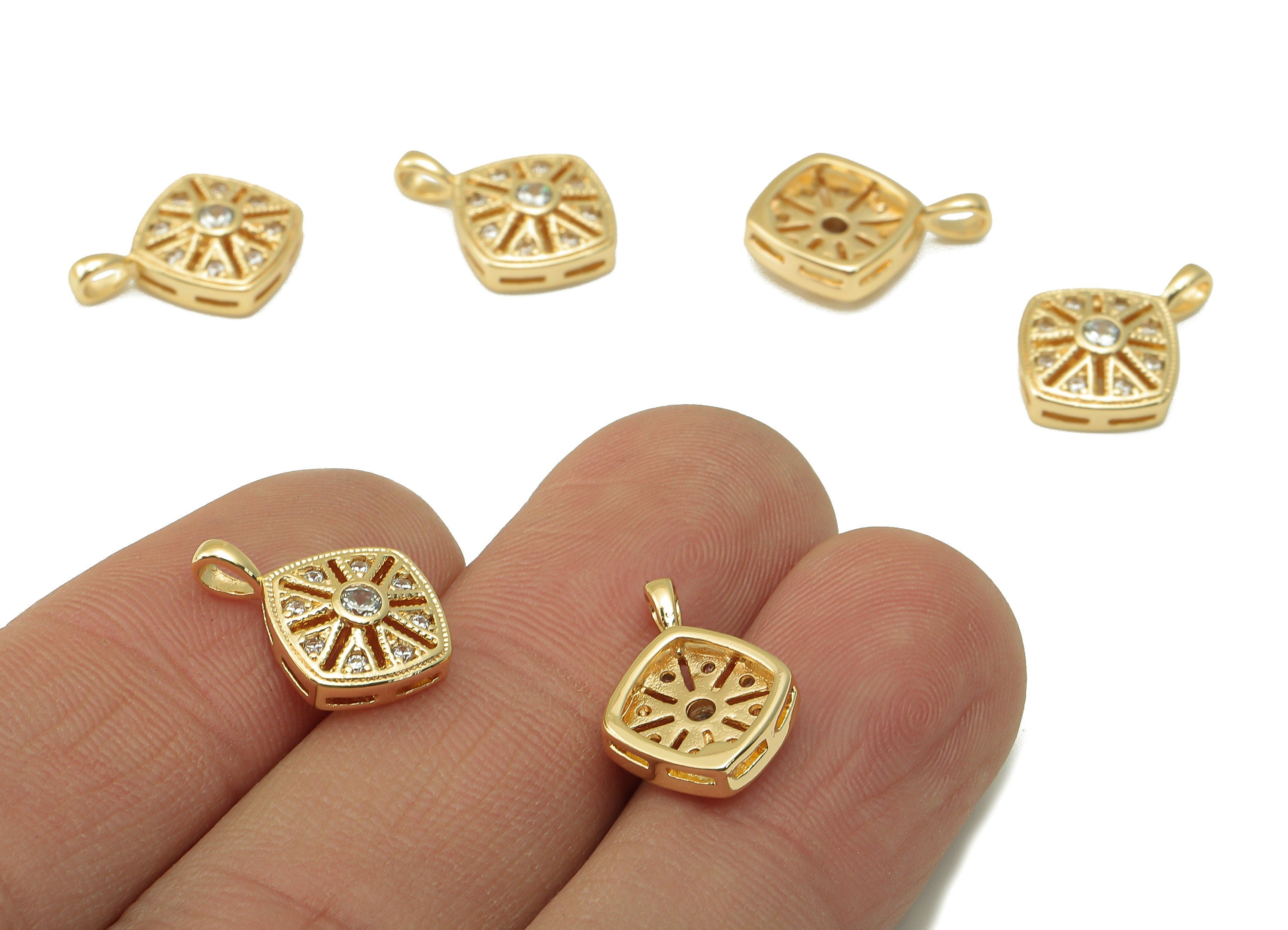 Brass Square Earring Charm - Brass Cubic Zircon Square Pendant - For Necklace - 18K Genuine Gold Plated Brass - 15.65x11.24x2.47mm -RGP6613 - DOMEDBAZAAR