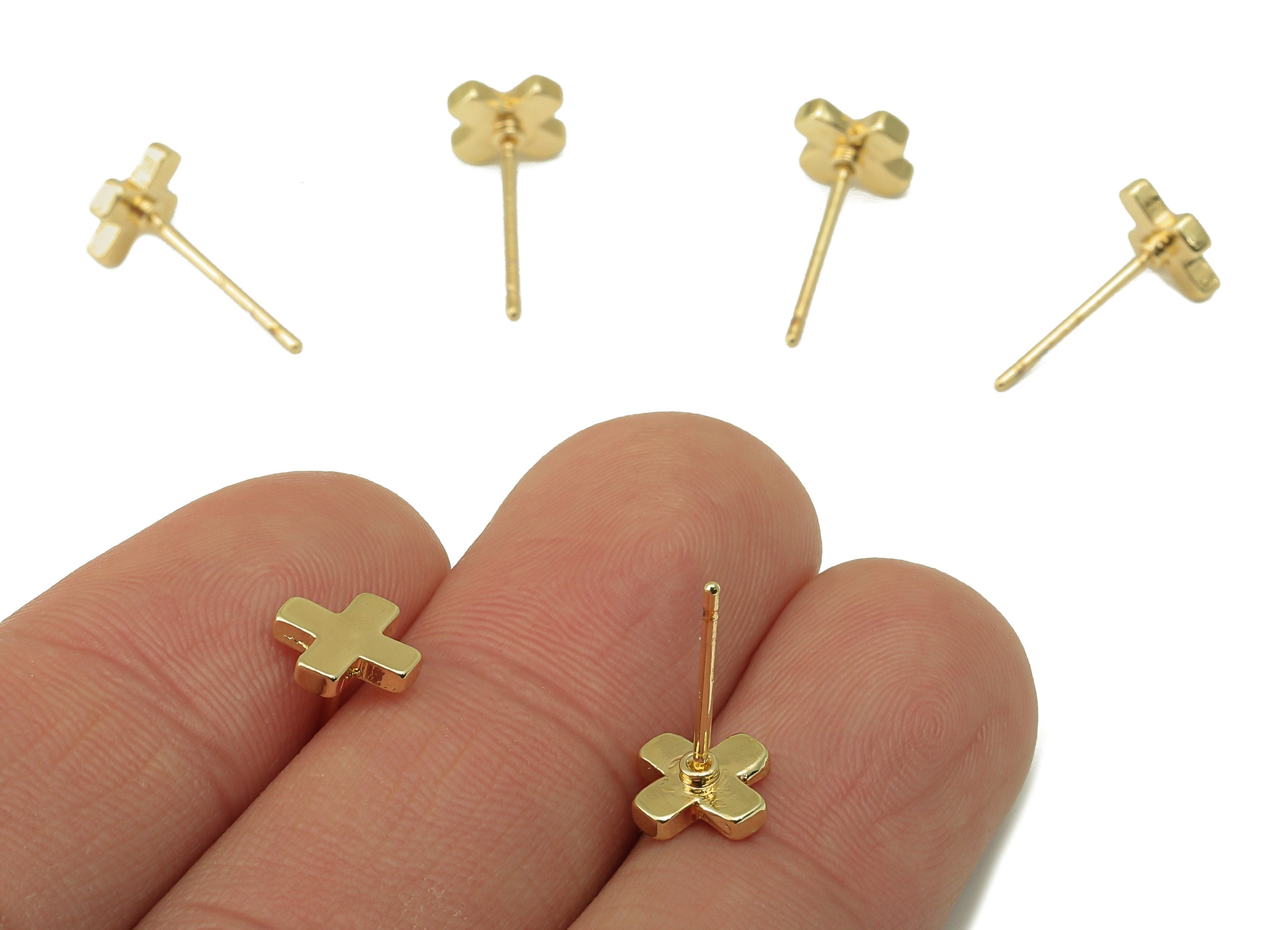 Brass Cross Earring Stud - Cross Earring Post - Stainless Steel Earring Post- 18K Real Gold Plated - Ear Stud-Findings- 7x7x1.5mm- RGP5933G - DOMEDBAZAAR