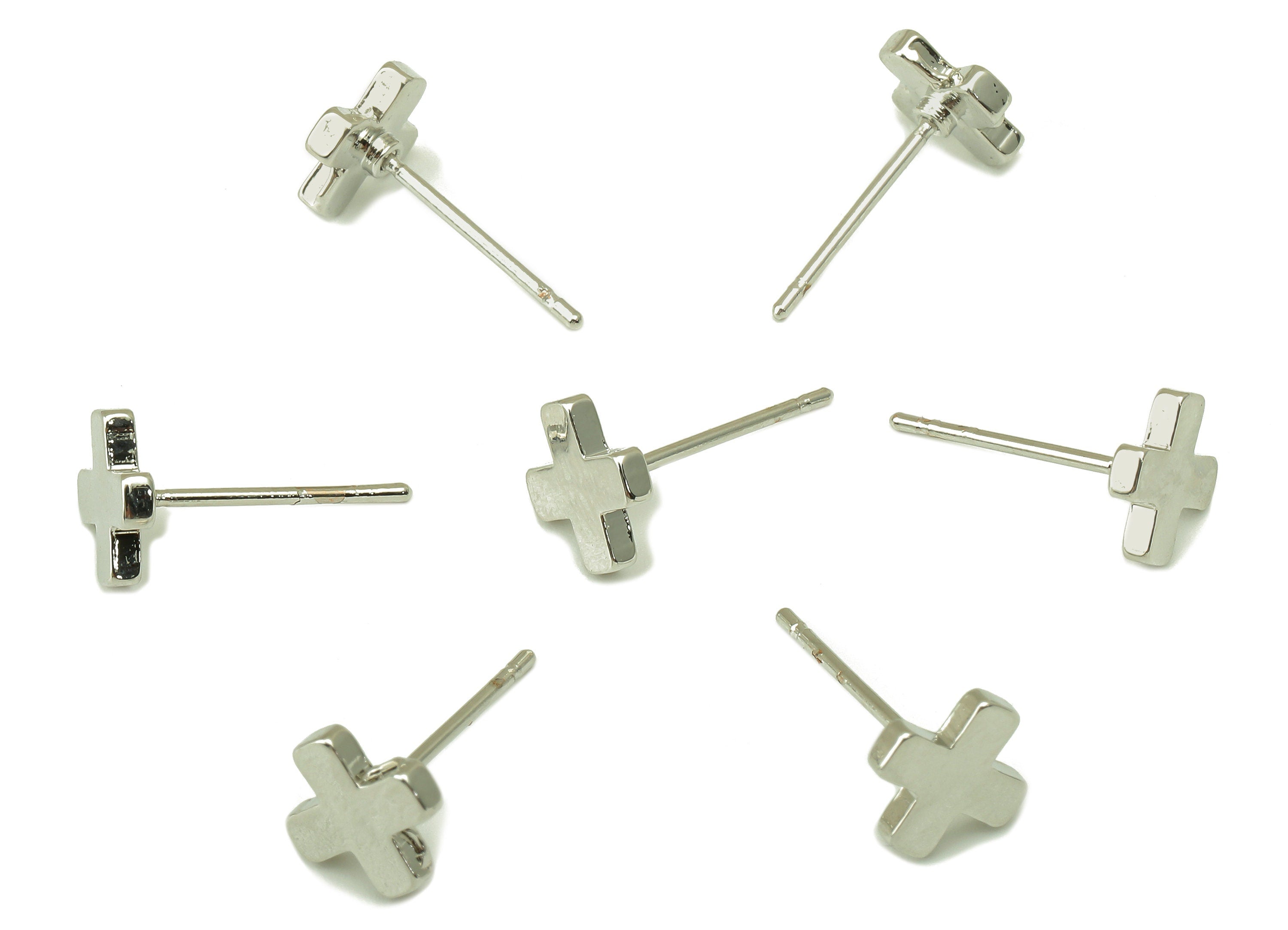 Silver Cross Earring Stud - Cross Earring Post - Stainless Steel Earring Post- 18K Real White Gold Plated - Ear Stud- 7x7x1.5mm- RGP5933S - DOMEDBAZAAR