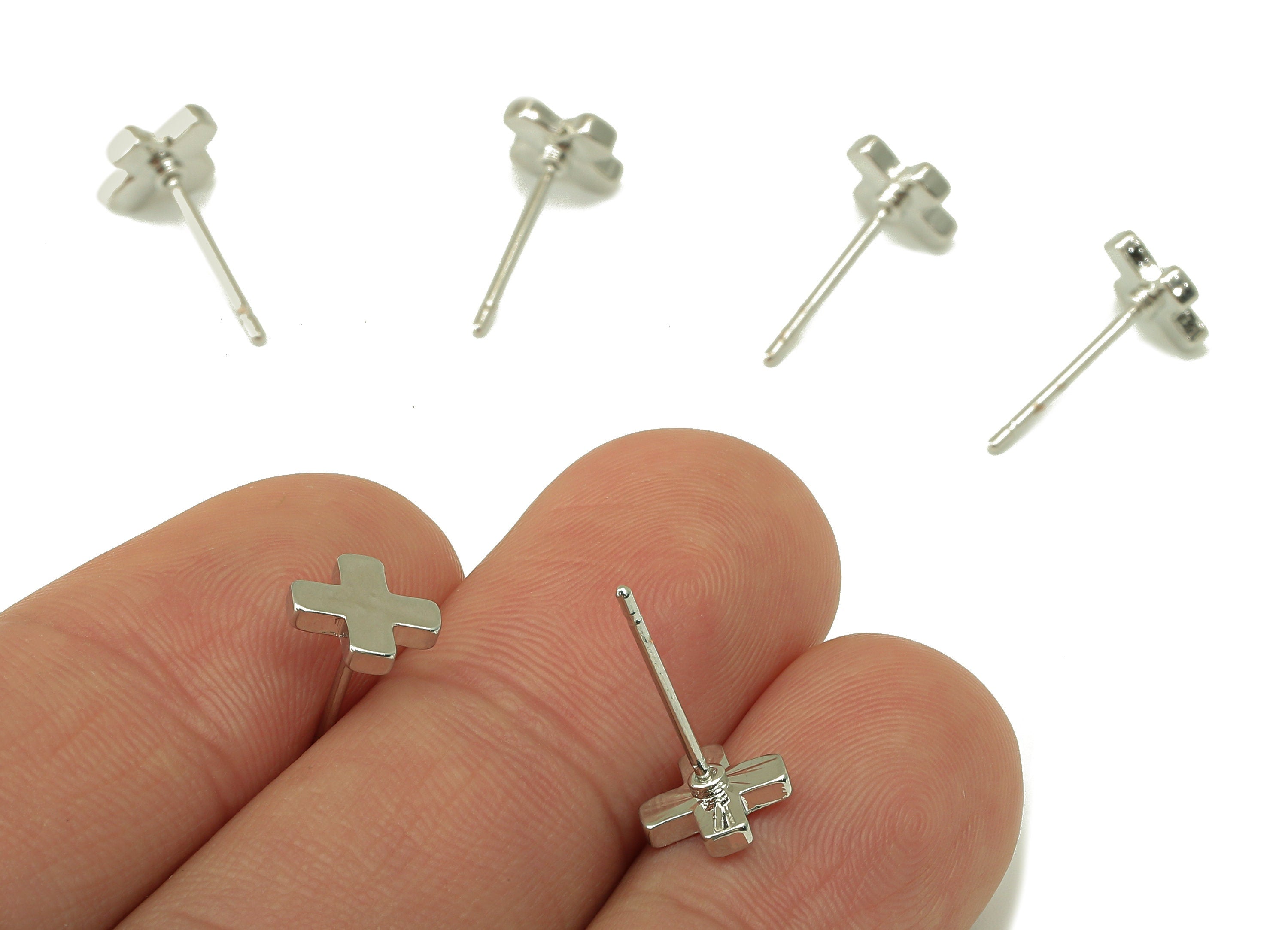 Silver Cross Earring Stud - Cross Earring Post - Stainless Steel Earring Post- 18K Real White Gold Plated - Ear Stud- 7x7x1.5mm- RGP5933S - DOMEDBAZAAR