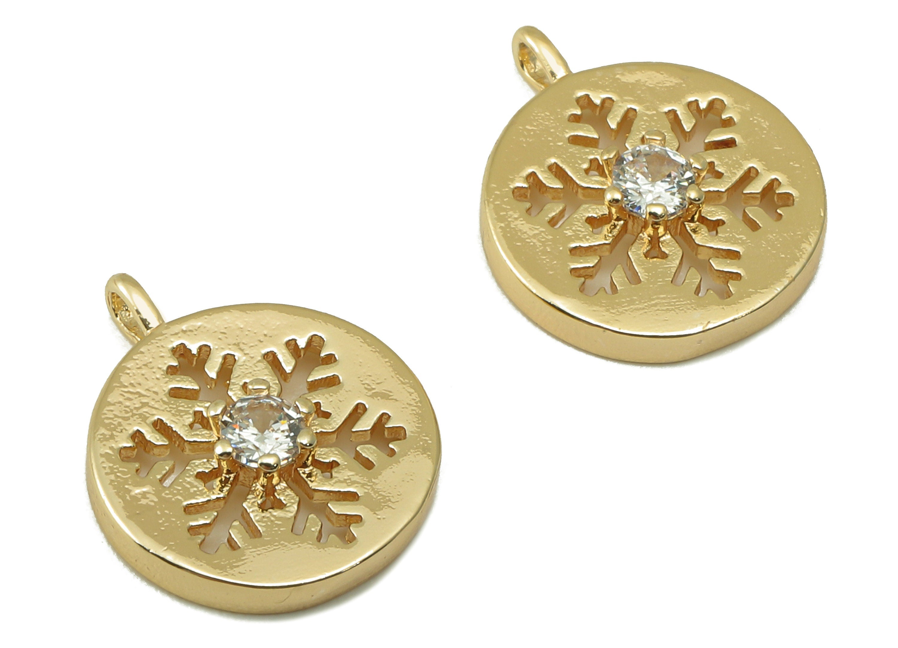 Brass Gold Round Earring Charm - Brass Cubic Zircon Snowflake Pendant - CZ Hollow Snowflake Earring-18K Real Gold Plated-14x11x2.5mm-RGP6622 - DOMEDBAZAAR