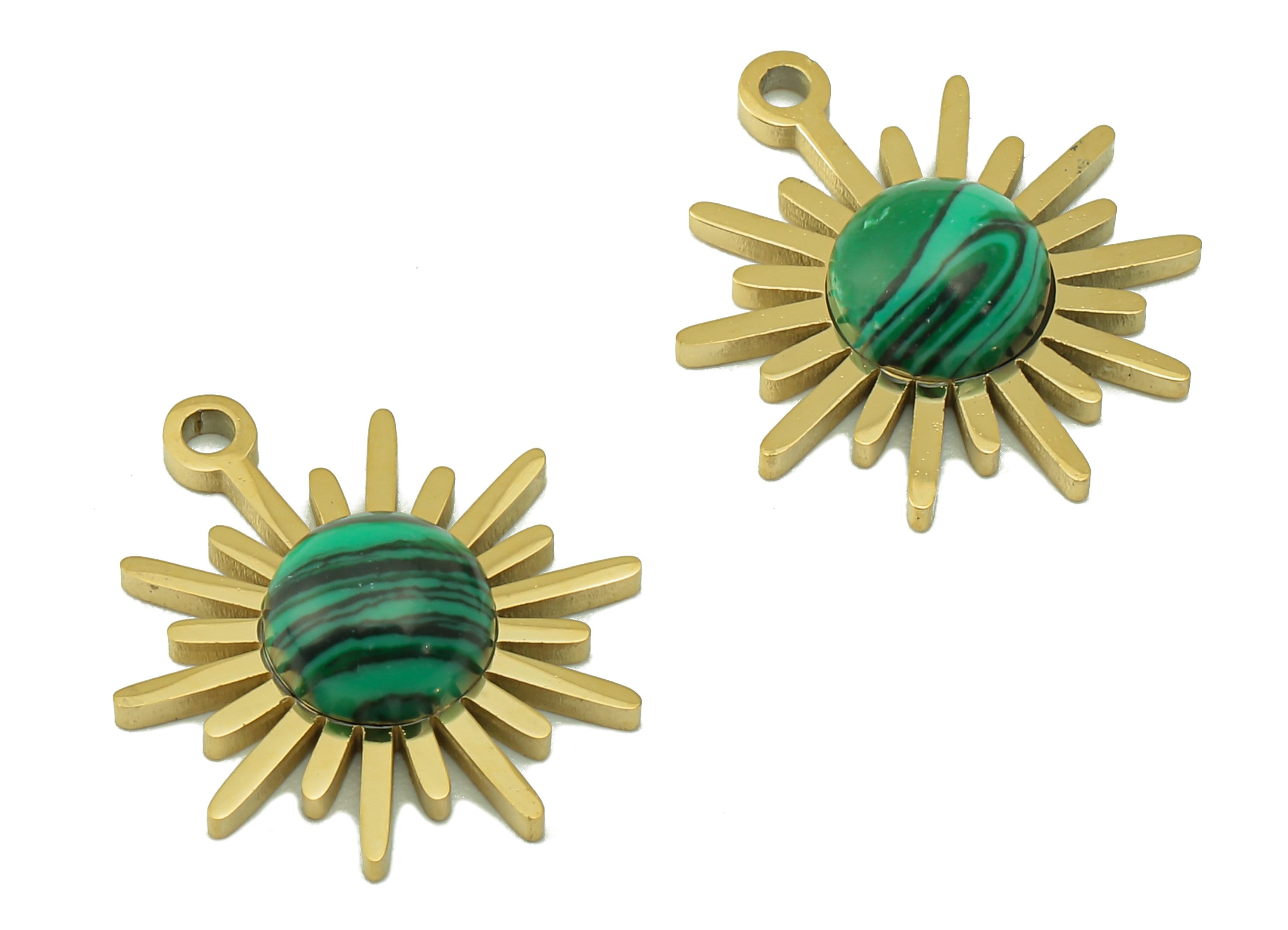 Brass Round Earring Charm - Brass Malachite Gemstone Pendant - Sunshine Natural Stone Earring - 18K Real Gold Plated -16x14.3x3.84mm-RGP6624 - DOMEDBAZAAR