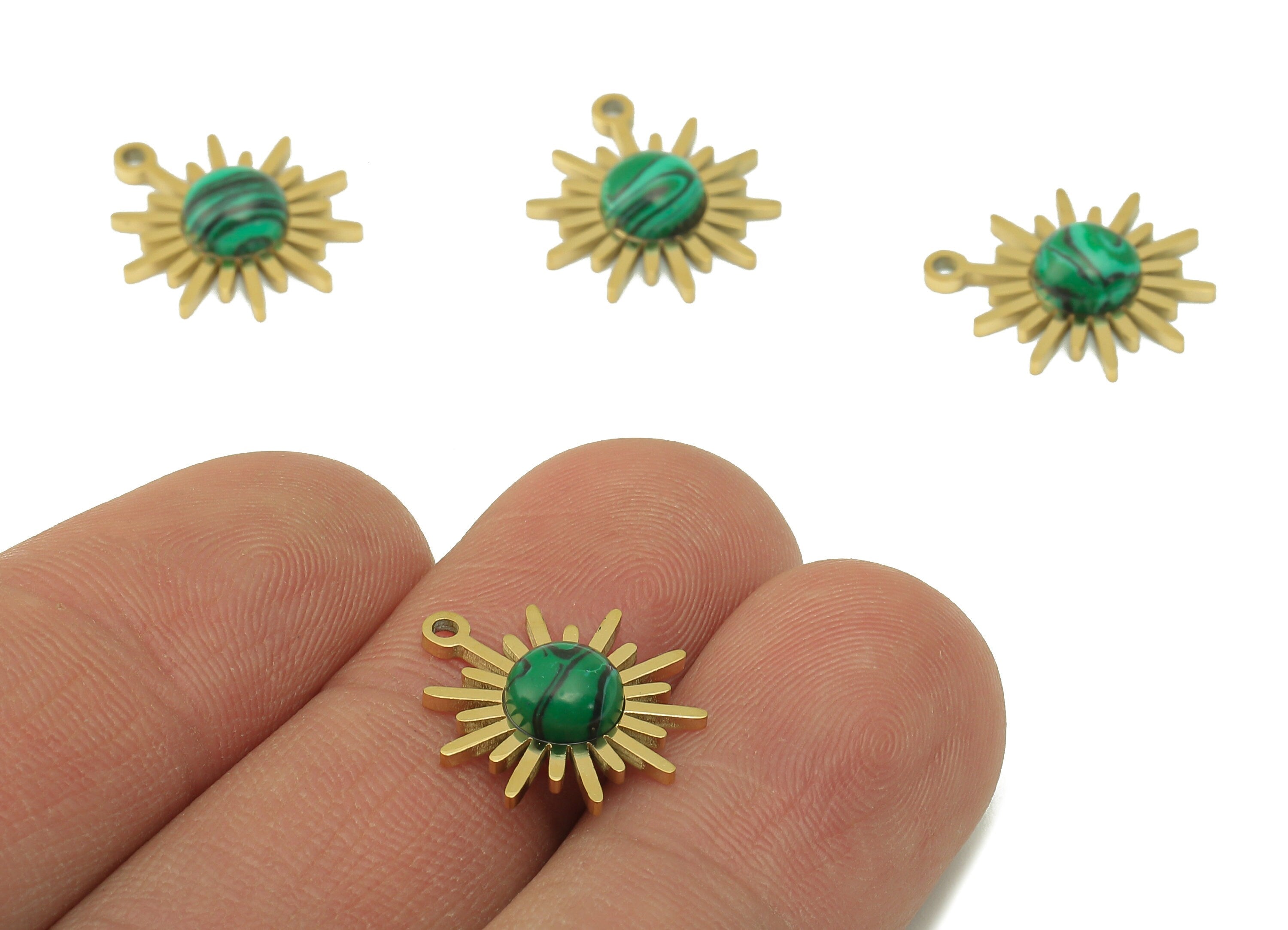Brass Round Earring Charm - Brass Malachite Gemstone Pendant - Sunshine Natural Stone Earring - 18K Real Gold Plated -16x14.3x3.84mm-RGP6624 - DOMEDBAZAAR