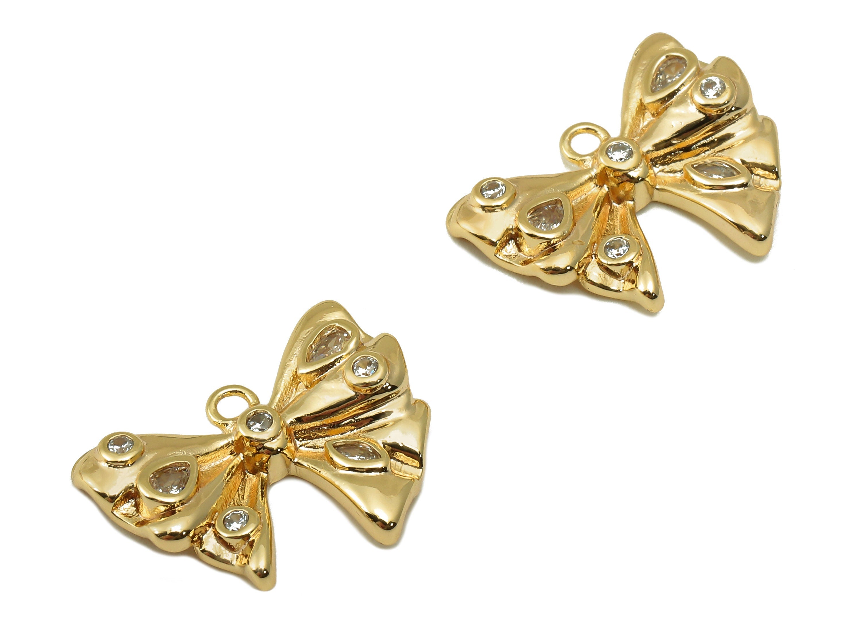 Brass Butterfly Earring Charm - Brass Gold Bow Tie Pendant - Cubiz Zircon Bow Tie Earring -18K Real Gold Plated Brass-14.8x18.66x3mm-RGP6638 - DOMEDBAZAAR