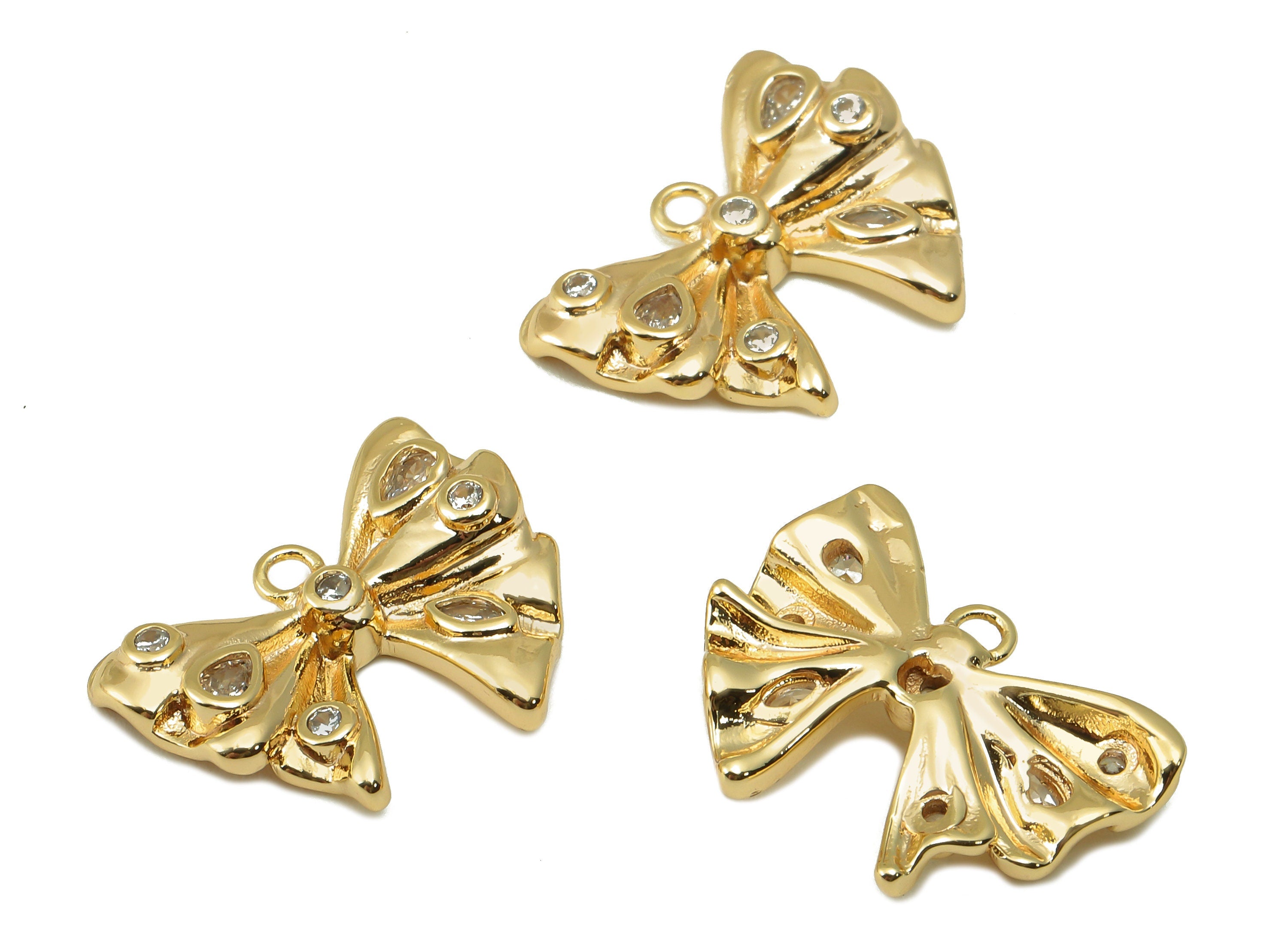 Brass Butterfly Earring Charm - Brass Gold Bow Tie Pendant - Cubiz Zircon Bow Tie Earring -18K Real Gold Plated Brass-14.8x18.66x3mm-RGP6638 - DOMEDBAZAAR