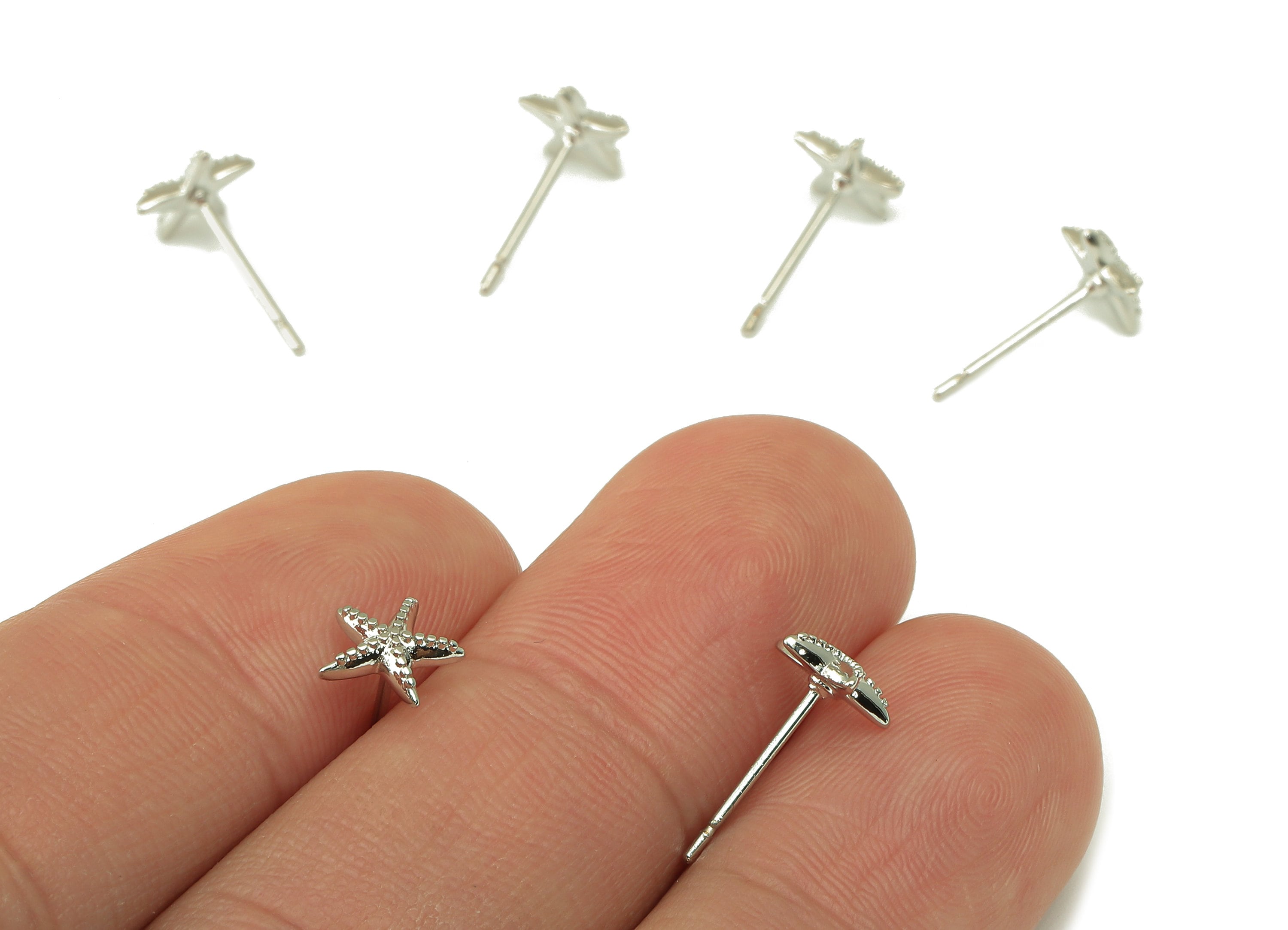 Silver Starfish Earring Stud - Ocean Star Earring Post - 18K Real White Gold Plated -Surgical Stud-Jewely Findings-7x7x2mm- RGP5937S - DOMEDBAZAAR