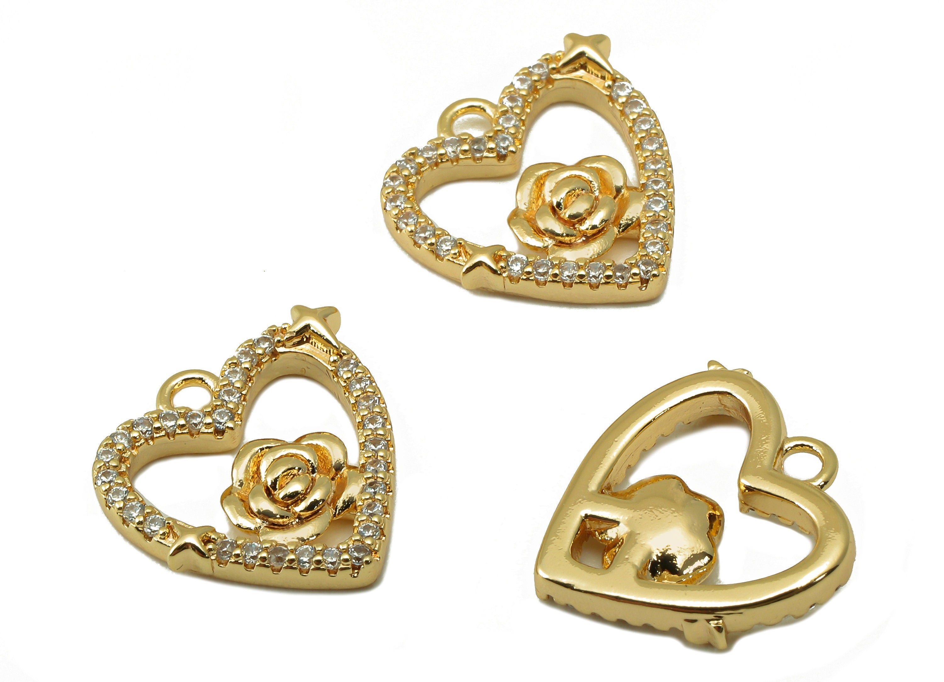 Brass Heart Earring Charm - Brass Cubic Zircon Heart Roes Pendant - CZ Gold Hollow Flower Earring-18K Real Gold Plated-14x13.7x2.6mm-RGP6642 - DOMEDBAZAAR