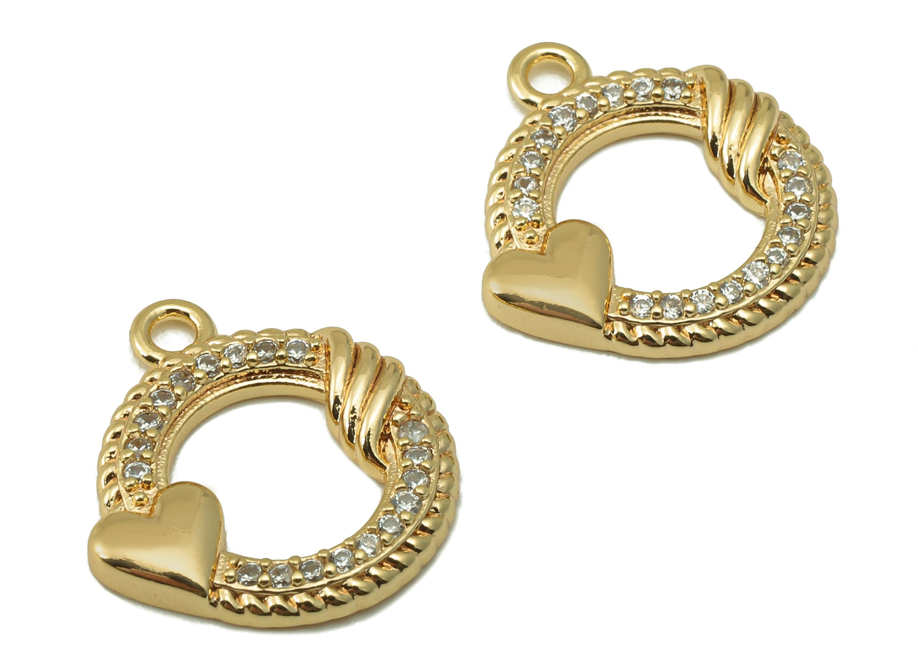 Brass Circle Earring Charm - Brass Cubic Zircon Heart Pendant - CZ Gold Hollow Circle Heart Earring-18K Real Gold Plated-15x14x1.9mm-RGP6643 - DOMEDBAZAAR