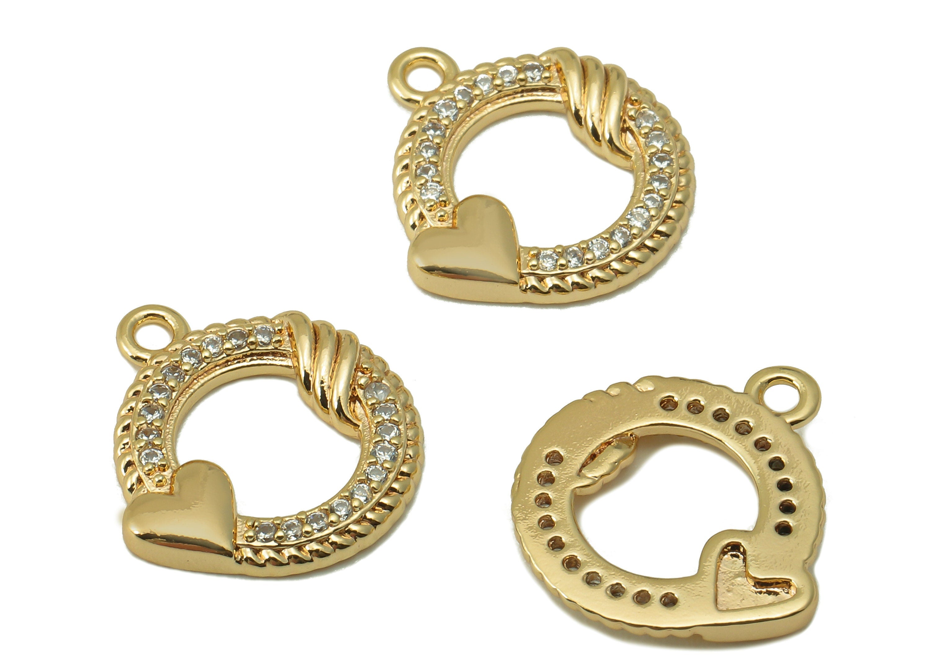 Brass Circle Earring Charm - Brass Cubic Zircon Heart Pendant - CZ Gold Hollow Circle Heart Earring-18K Real Gold Plated-15x14x1.9mm-RGP6643 - DOMEDBAZAAR