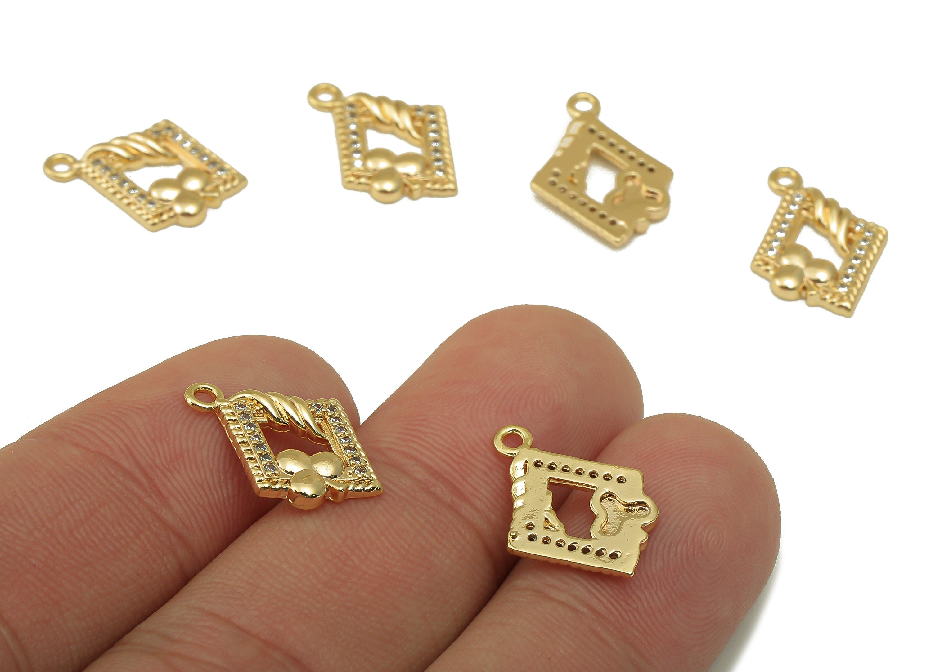 Brass Rhombic Earring Charm - Brass Cubic Zircon Flower Pendant - CZ Gold Hollow Rhombic Earring -18K Real Gold Plated-17.5x12.5x2mm-RGP6644 - DOMEDBAZAAR