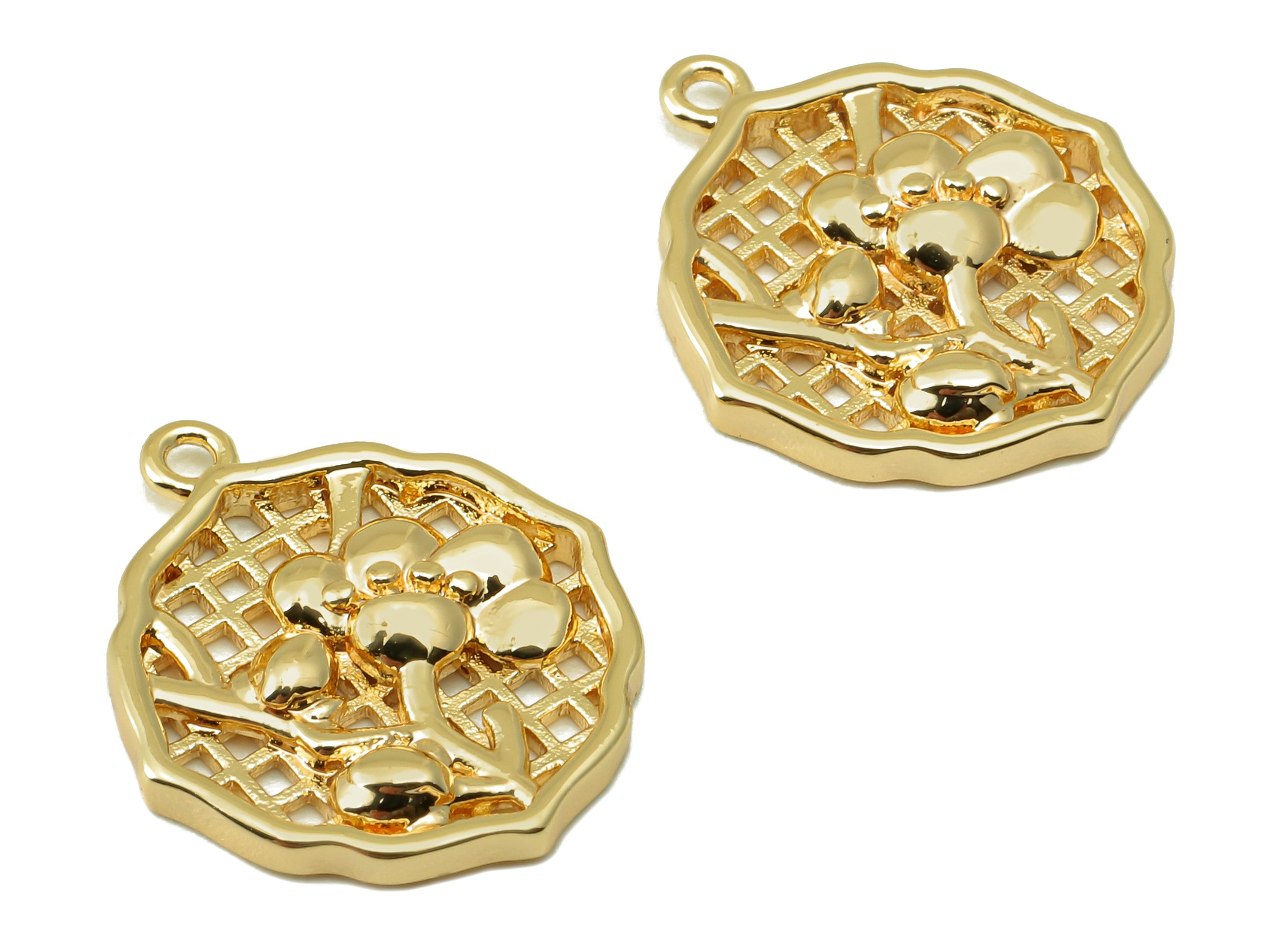 Brass Round Flower Earring - Brass Hollow Mesh Pendant - Flower Earring - For Necklace - 18K Real Gold Plated - 18.72x 16.44x 2.55mm-RGP6601 - DOMEDBAZAAR