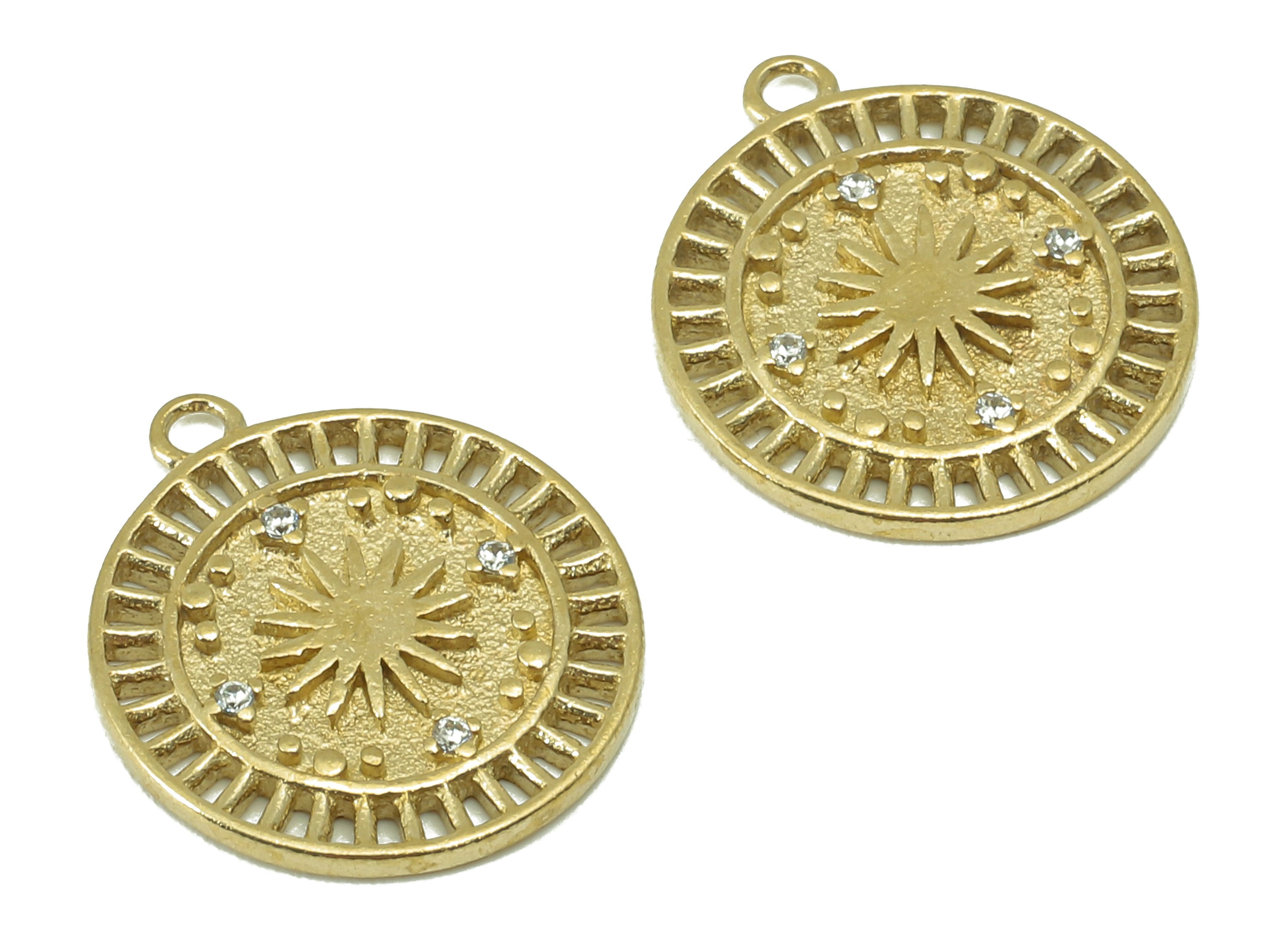 Brass Round Earring Charms-Raw Brass Sun Charm-Cubic zircon-Circle Pendant With Loop -Wheel Charm-16 x 14x 1.42mm-PP8327 - DOMEDBAZAAR