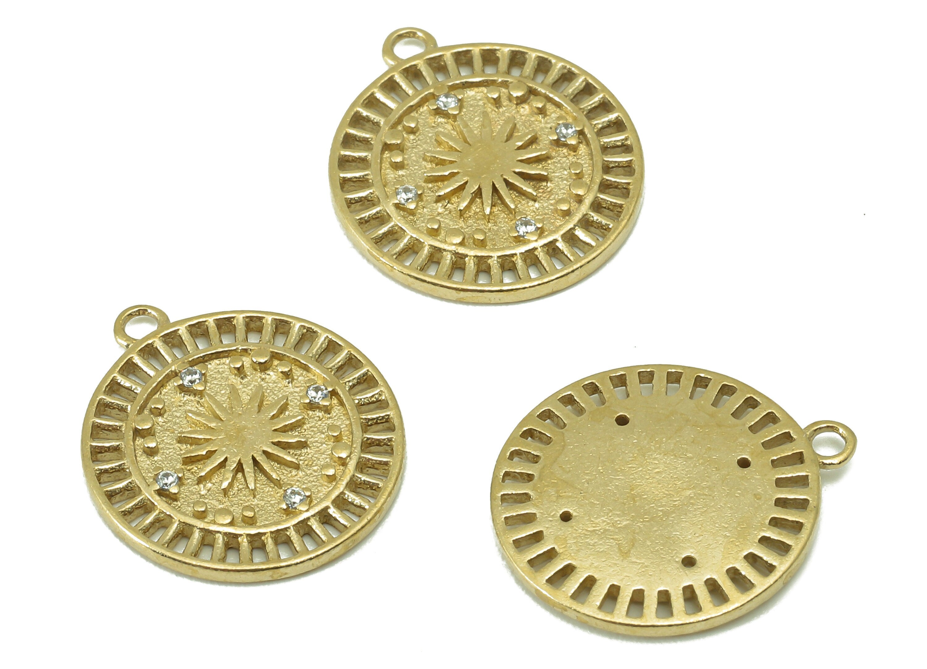 Brass Round Earring Charms-Raw Brass Sun Charm-Cubic zircon-Circle Pendant With Loop -Wheel Charm-16 x 14x 1.42mm-PP8327 - DOMEDBAZAAR