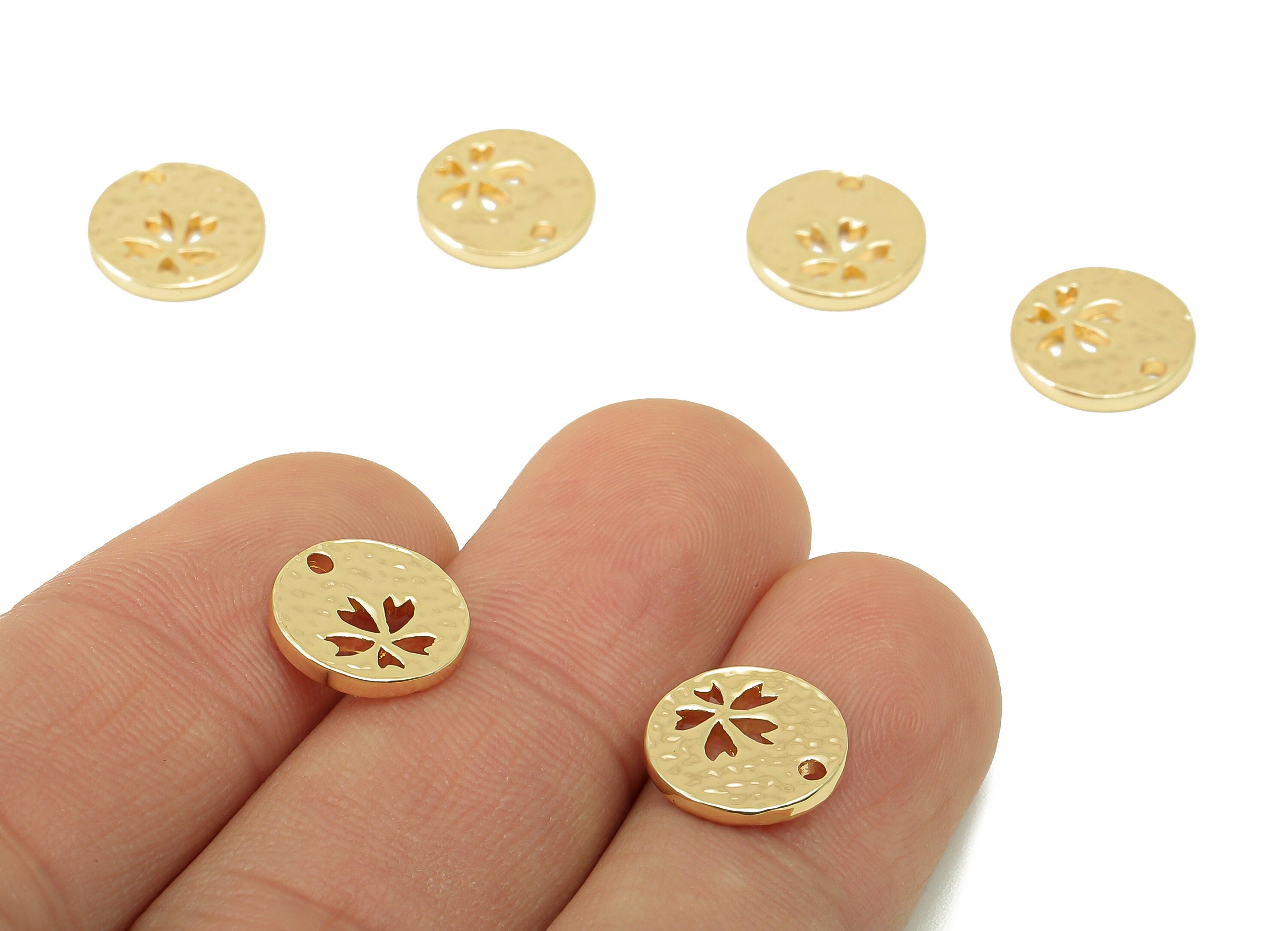 Brass Round Earring Charm - Brass Hammered Flower Charm - Mini Botanical Pendant -DIY Finding - 18K Real Gold Plated -11x11x1.31mm- RGP5966 - DOMEDBAZAAR