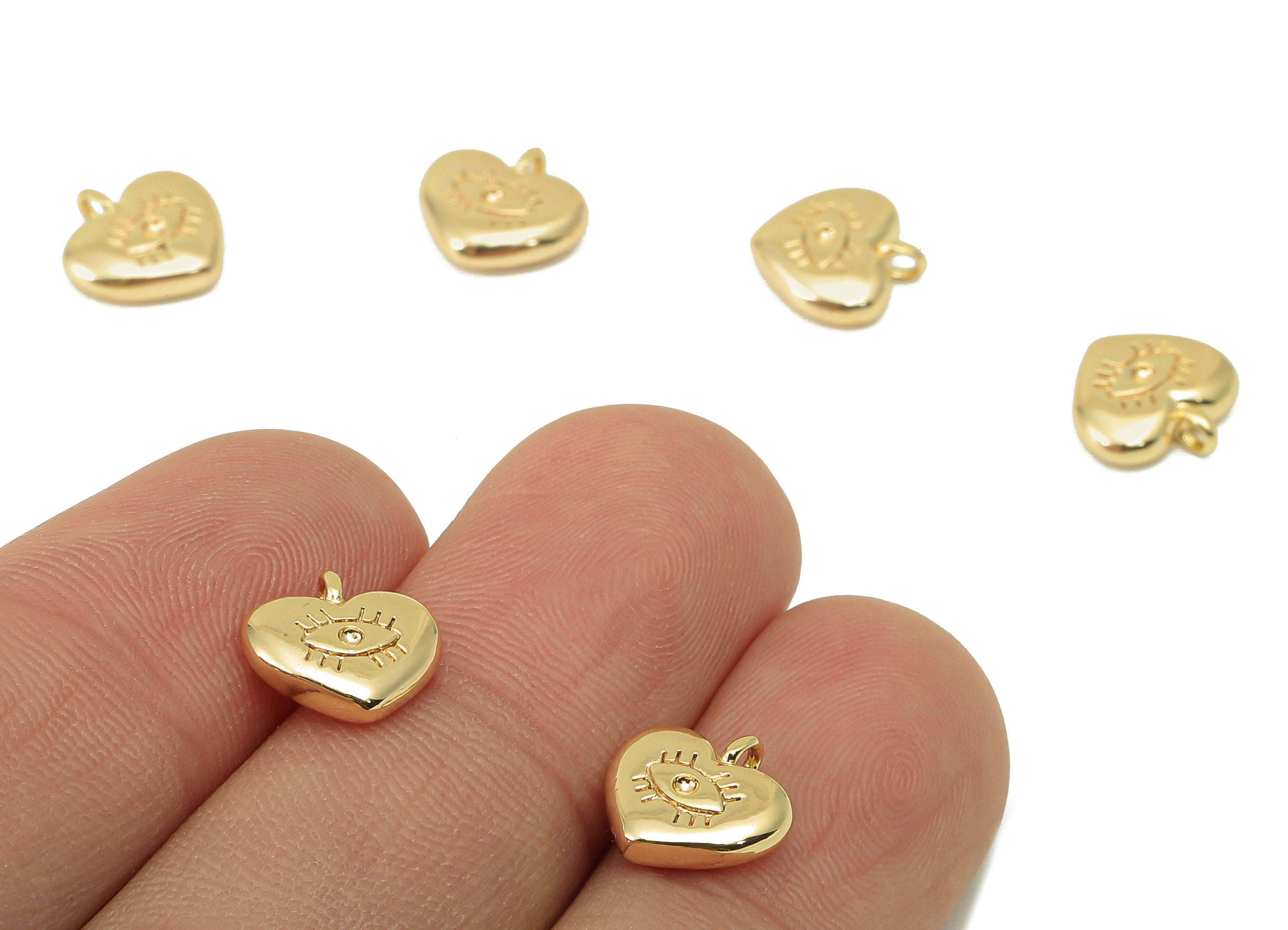 Brass Heart Earring Charm - Brass Cubic Heart Charm - Eye Heart Pendant - DIY Finding - 18K Real Gold Plated -9.94x 10.14x 2.94mm- RGP5973 - DOMEDBAZAAR