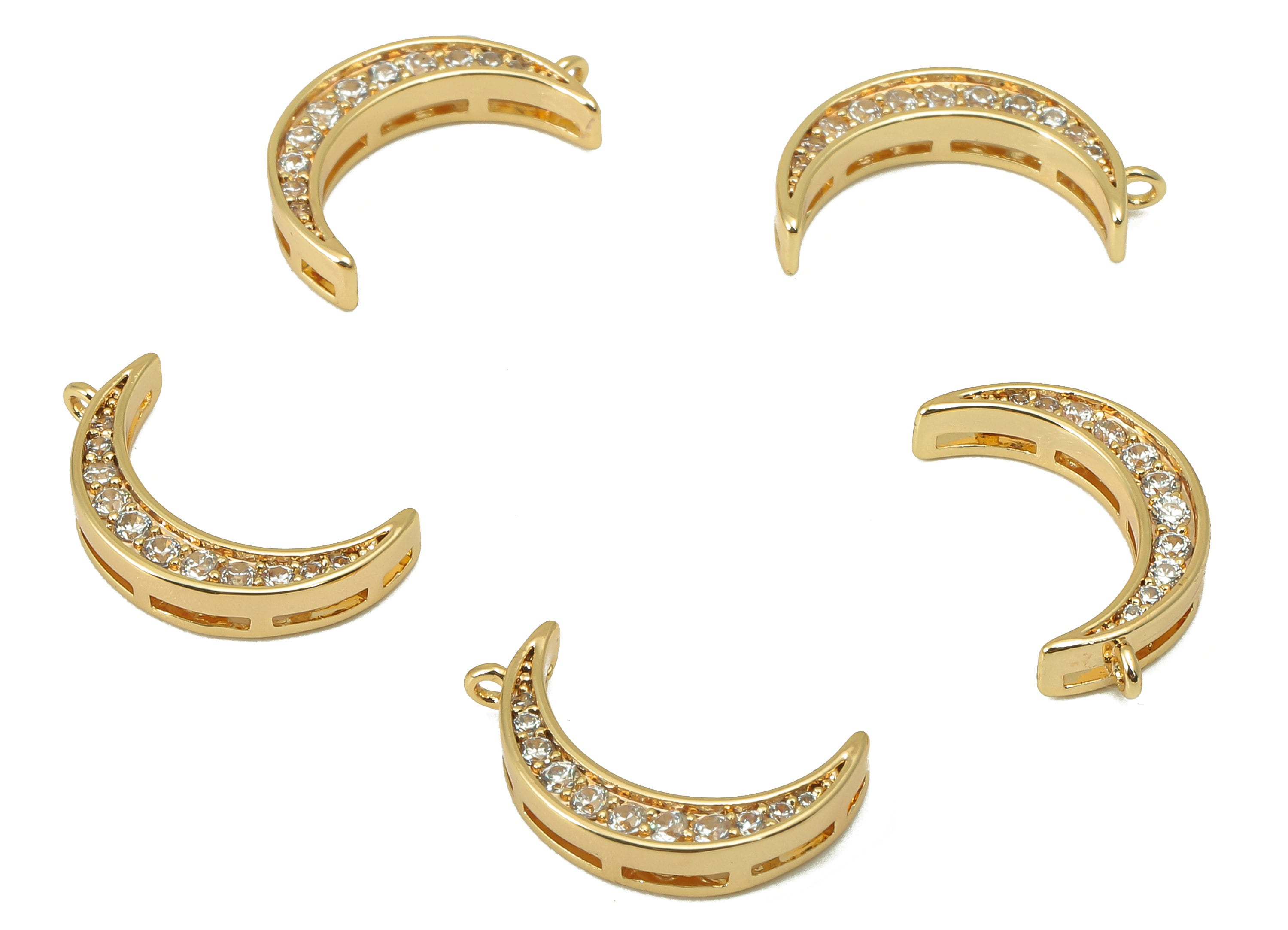 Brass Crescent Earring Charm - Brass Cubic Zirconia Moon Charm - Brass Moon CZ Pendant - 18K Real Gold Plated - 16x3x3mm- RGP5975 - DOMEDBAZAAR