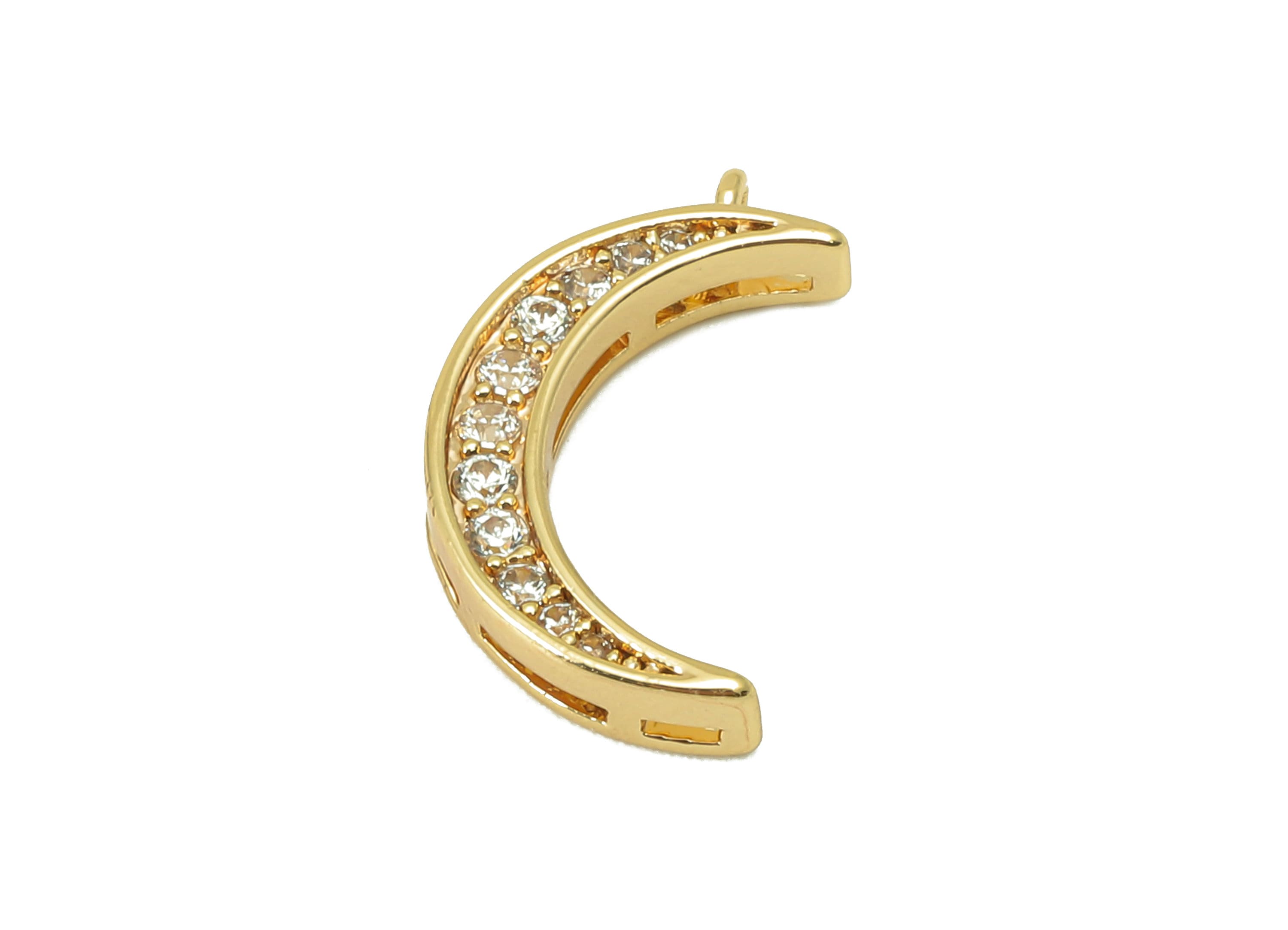 Brass Crescent Earring Charm - Brass Cubic Zirconia Moon Charm - Brass Moon CZ Pendant - 18K Real Gold Plated - 16x3x3mm- RGP5975 - DOMEDBAZAAR