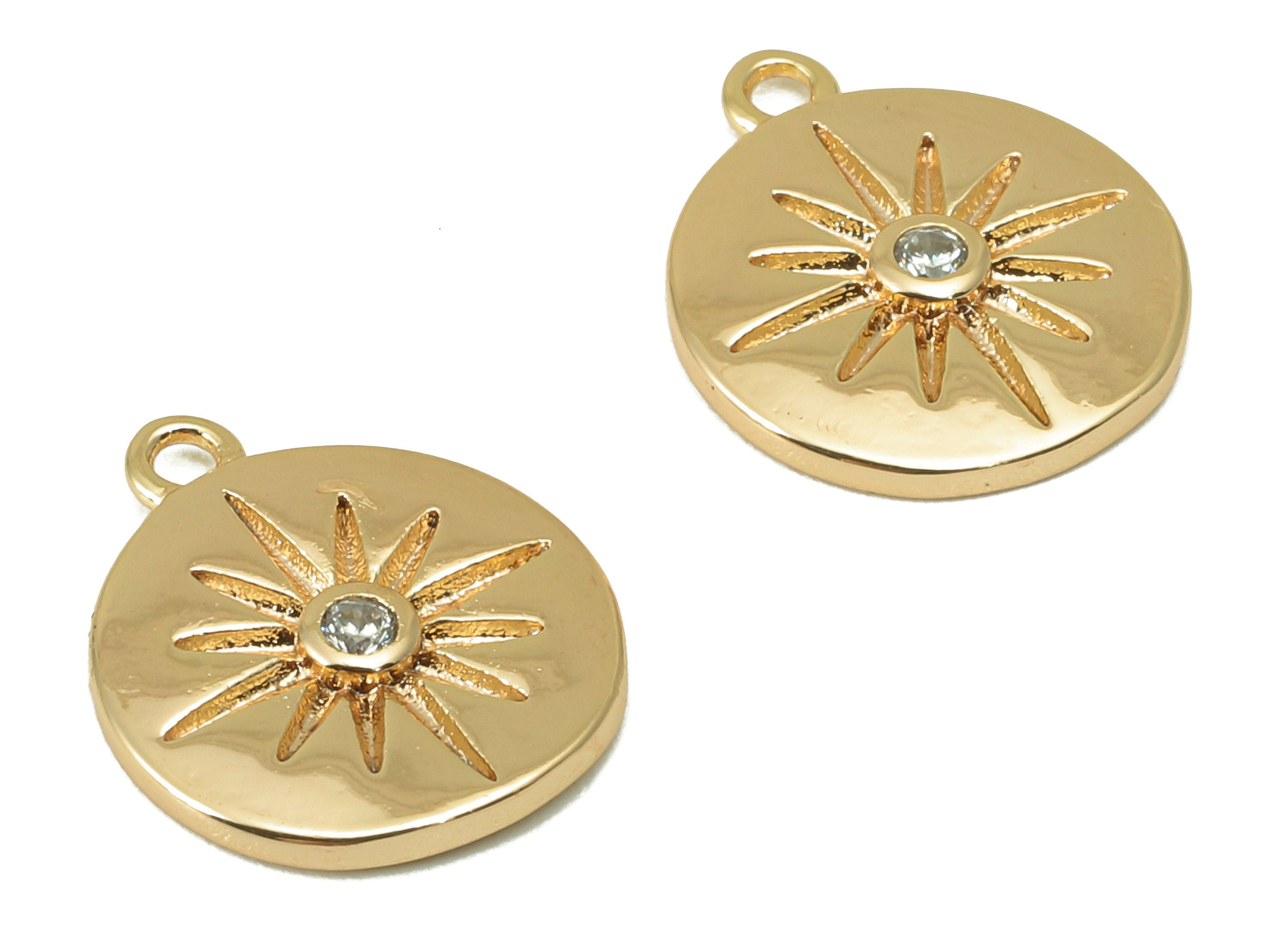 Brass Round Earring Charm - Brass Cubic Zirconia Star Charm -Brass CZ Star Pendant- For Necklace - 18K Real Gold Plated - 14x12x1mm-RGP6051 - DOMEDBAZAAR