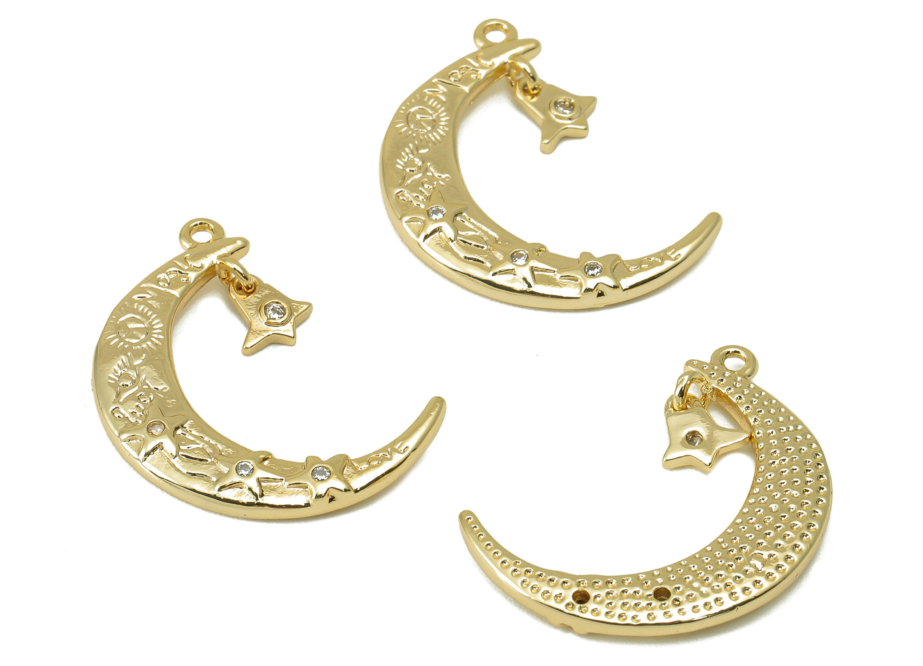 Brass Crescent Earring Charm - Brass Cubic Zirconia Star Charm - CZ Moon Pendant- For Necklace - 18K Real Gold Plated - 26x6x2mm-RGP6054 - DOMEDBAZAAR