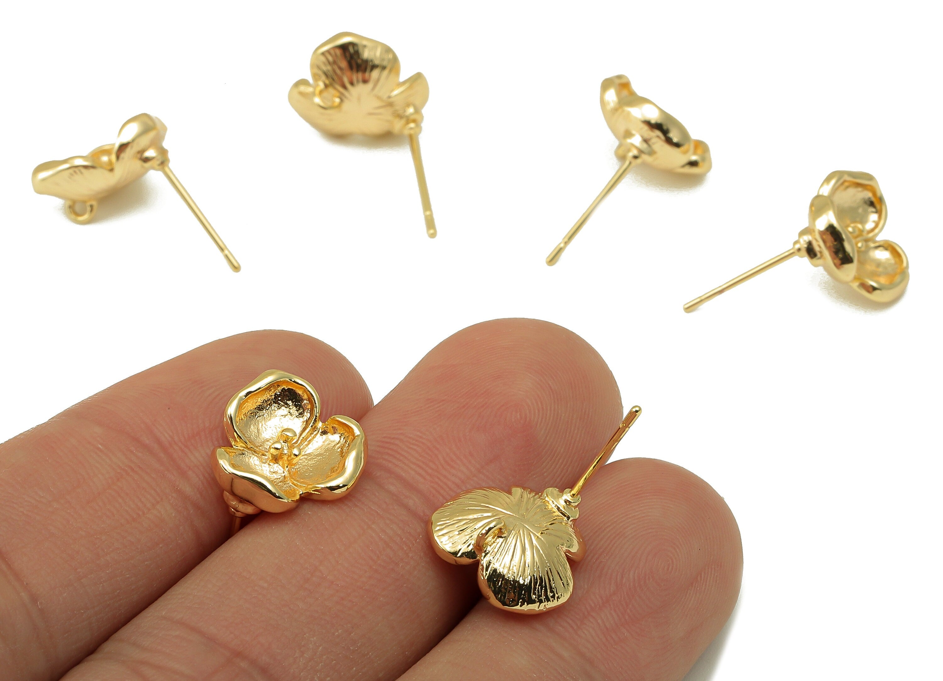 Brass Flower Earrings Stud - Waterlily Earring Post with Loop - Botanical Stud Earring - 18k real gold-plated brass-13x12x1mm- RGP6133 - DOMEDBAZAAR
