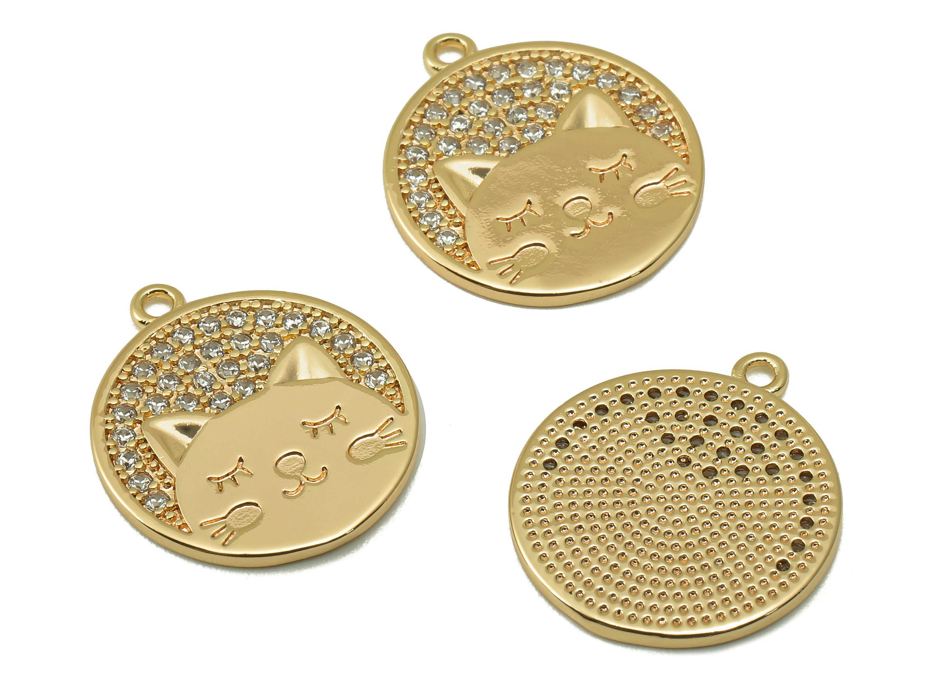 Brass Round Earring Charm - Brass Cubic Zircon Circle Cat - For Necklace - CZ Cat Pendant - Jewelry Making - 18.34x15.97x1.24mm-RGP6650 - DOMEDBAZAAR