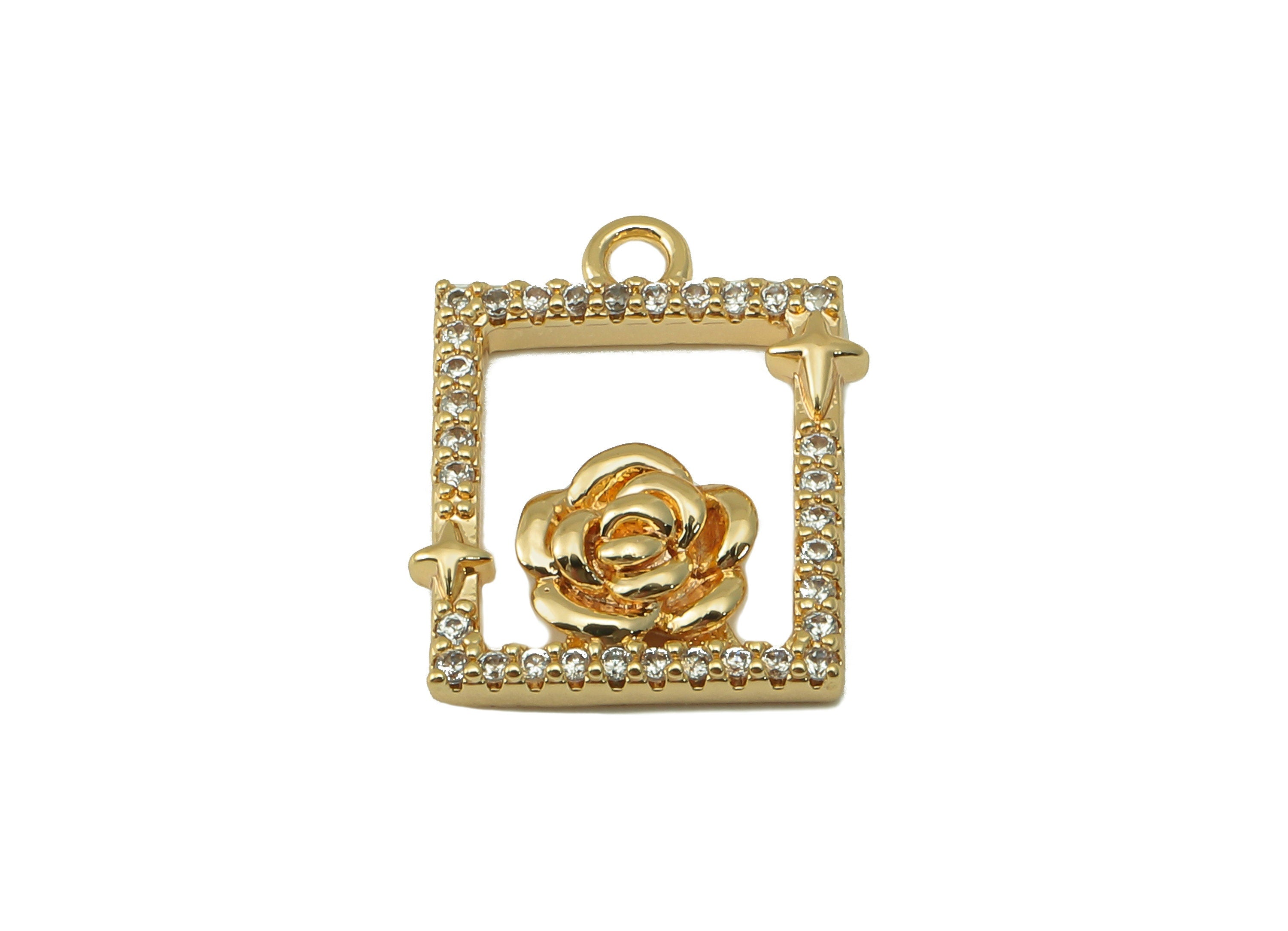 Brass Rectangle Earring Charm - Brass Cubic Zircon Roes Star Pendant - CZ Hollow Flower Earring-18K Real Gold Plated -15.5x12x3.08mm-RGP6652 - DOMEDBAZAAR