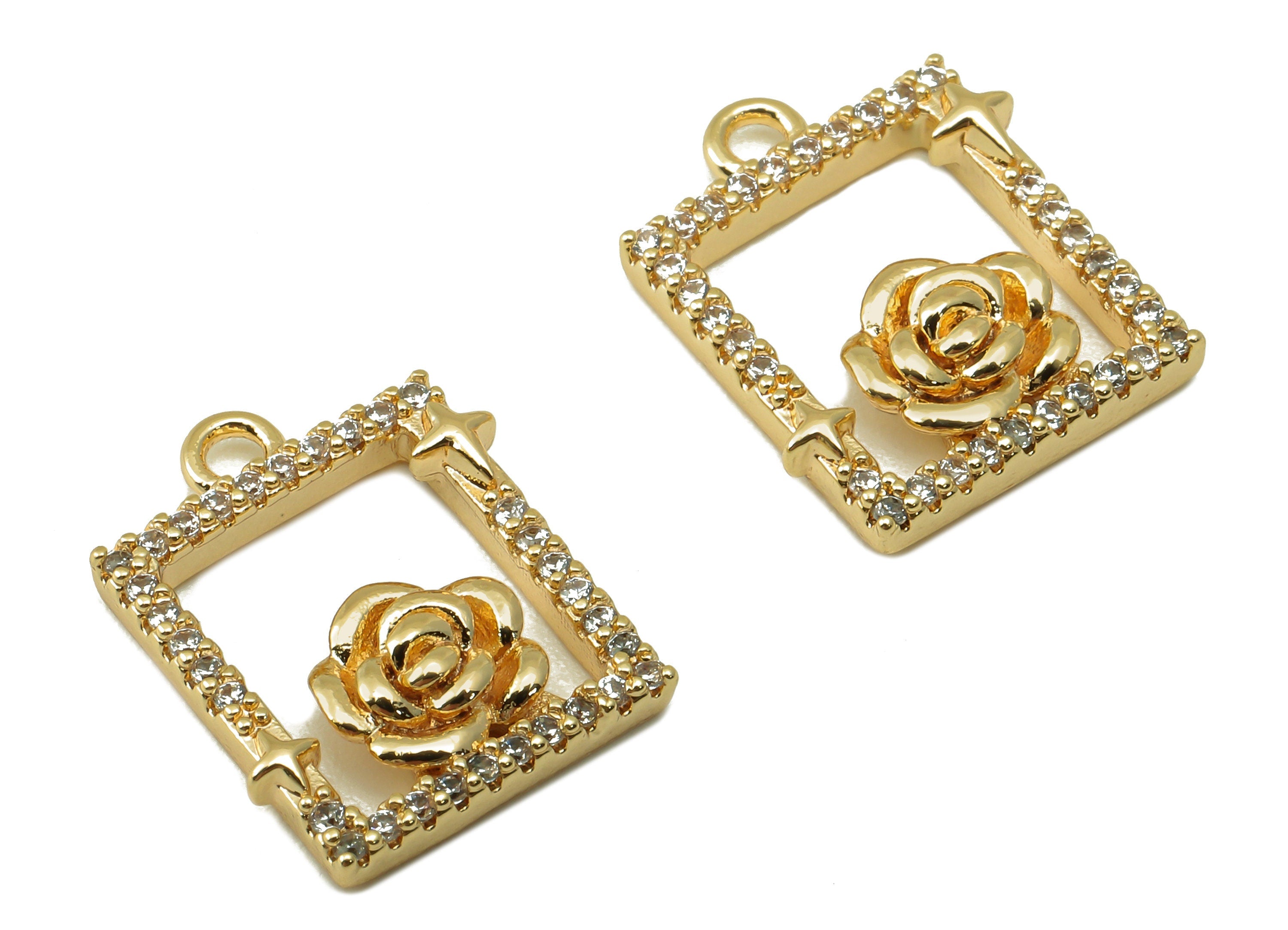 Brass Rectangle Earring Charm - Brass Cubic Zircon Roes Star Pendant - CZ Hollow Flower Earring-18K Real Gold Plated -15.5x12x3.08mm-RGP6652 - DOMEDBAZAAR