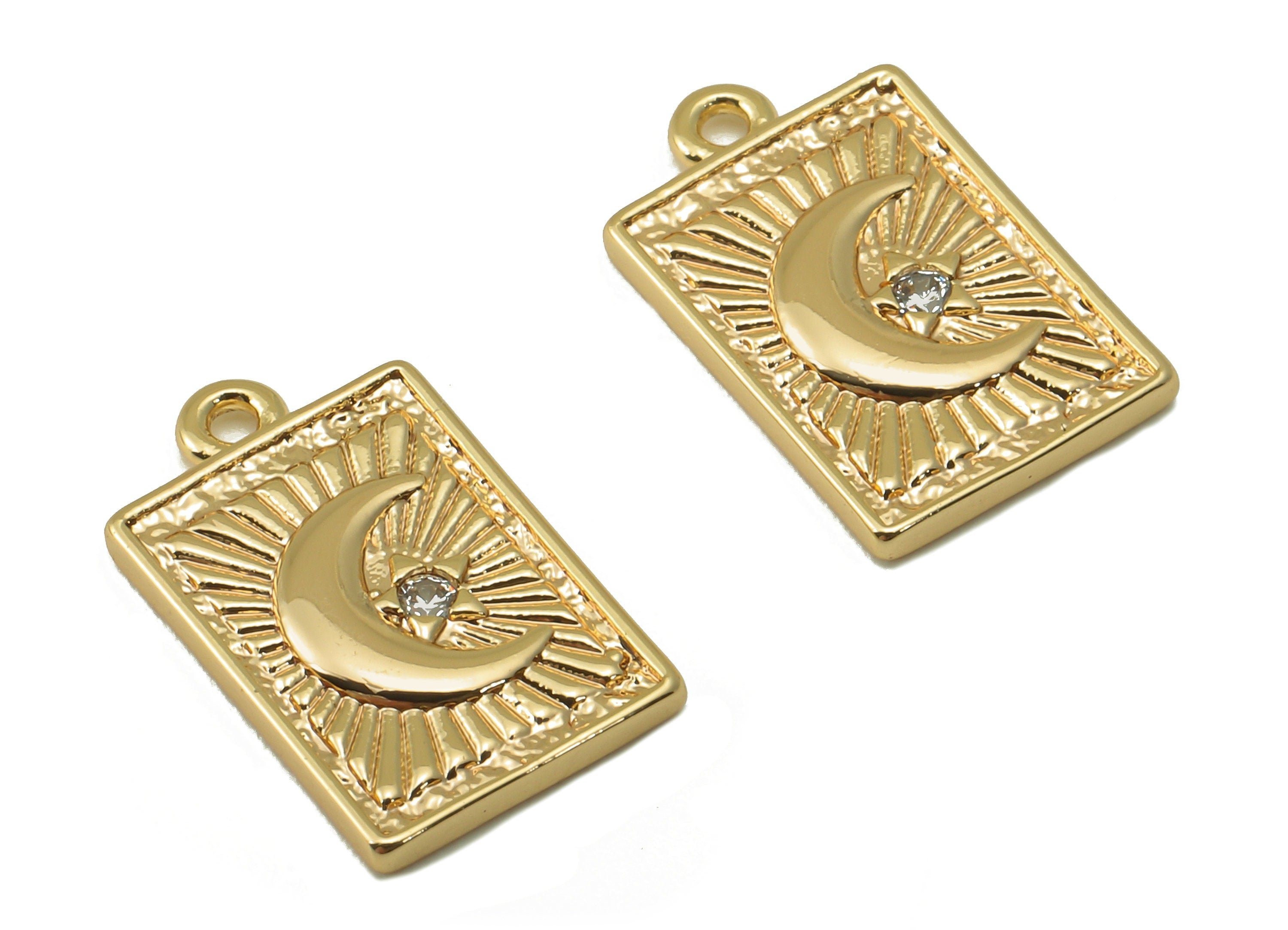 Brass Rectangle Earring - Brass Cubic Zircon Moon Star Pendant - For Necklace - CZ Crescent Earring - Jewelry Making - 14x8.7x1.4mm-RGP66654 - DOMEDBAZAAR