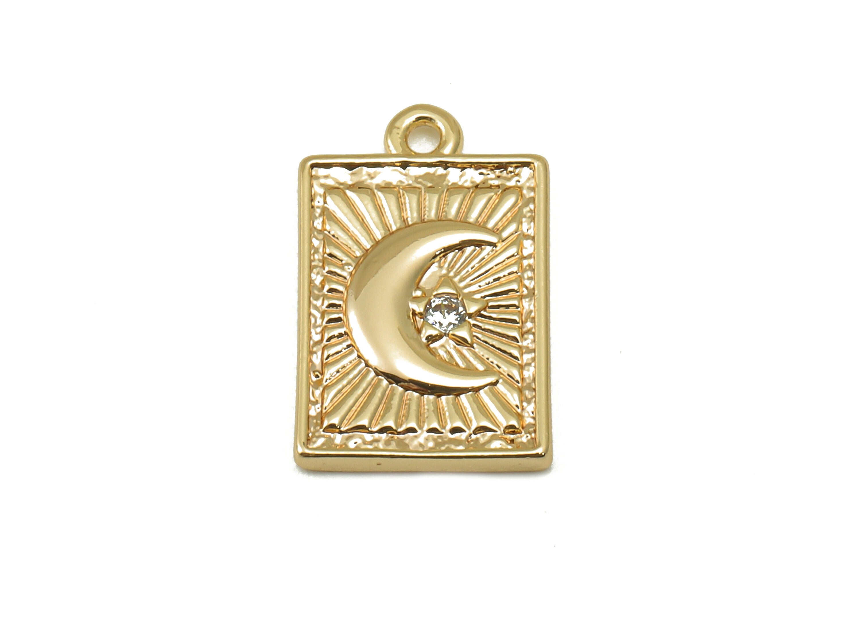 Brass Rectangle Earring - Brass Cubic Zircon Moon Star Pendant - For Necklace - CZ Crescent Earring - Jewelry Making - 14x8.7x1.4mm-RGP66654 - DOMEDBAZAAR