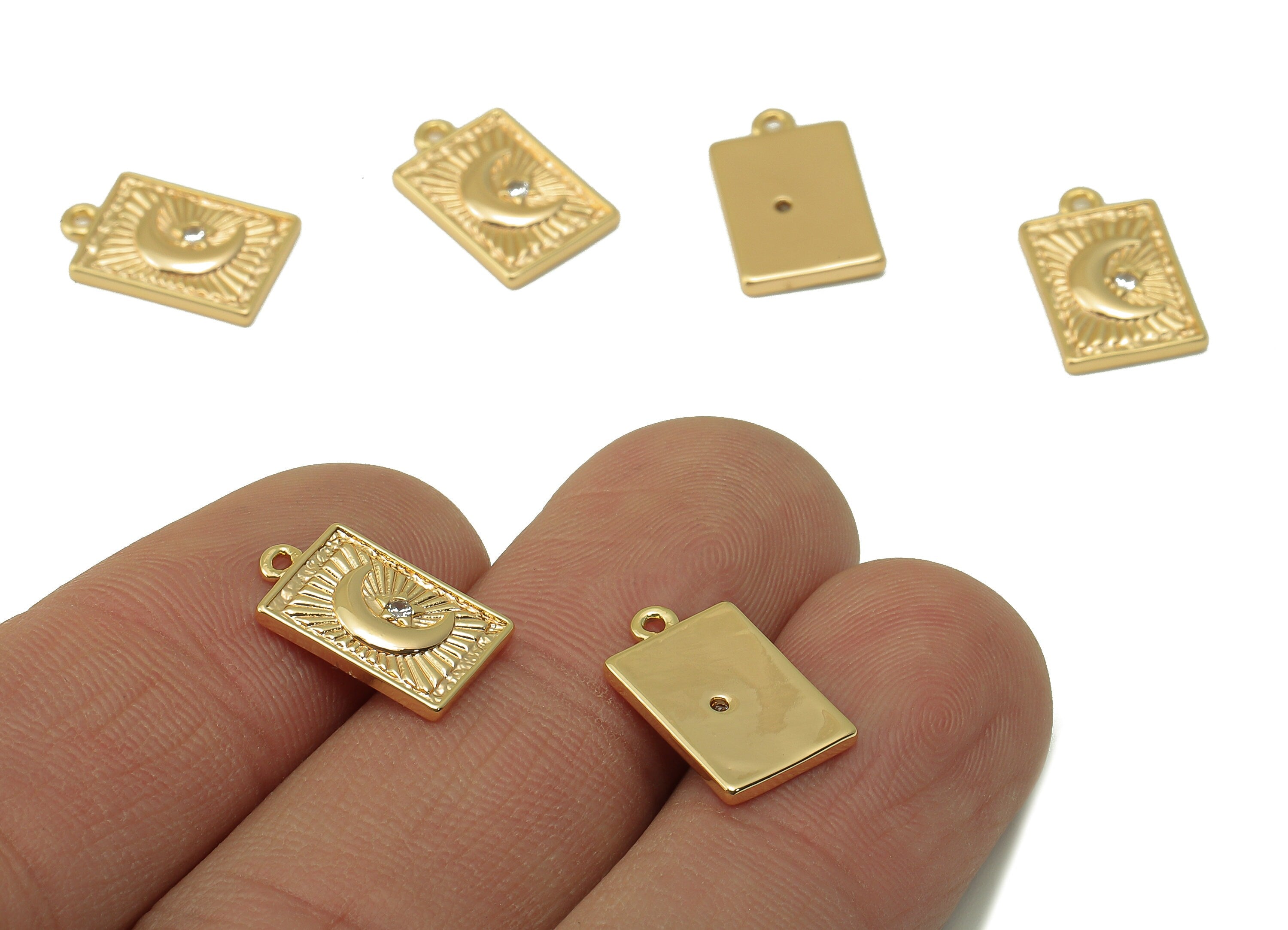 Brass Rectangle Earring - Brass Cubic Zircon Moon Star Pendant - For Necklace - CZ Crescent Earring - Jewelry Making - 14x8.7x1.4mm-RGP66654 - DOMEDBAZAAR