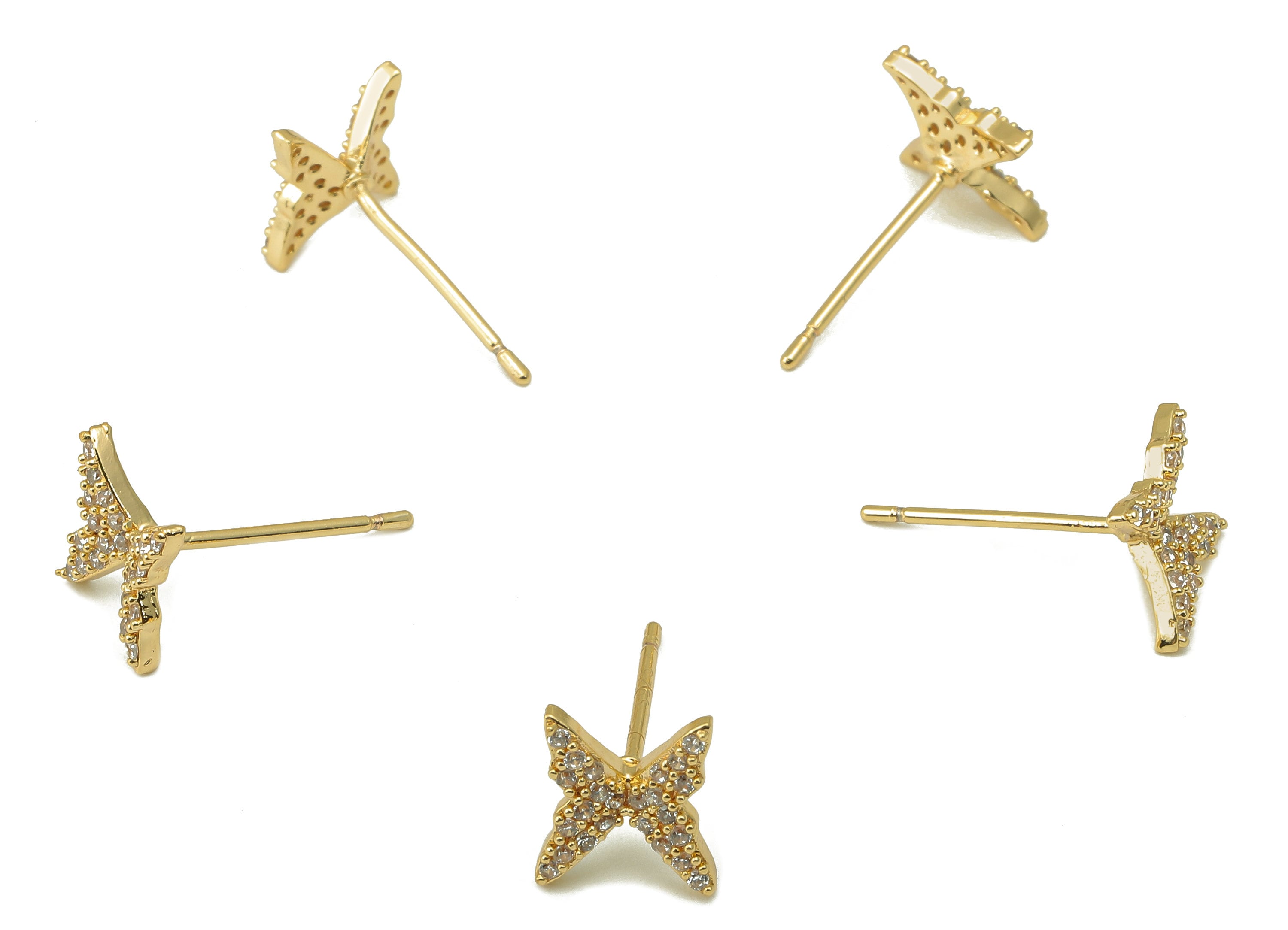 Brass Butterfly Earring Post - Gold Cubic Zirconia Exquisite Butterfly Earring Stud - 18k real gold-plated brass- 14x8x1.5mm- RGP6144 - DOMEDBAZAAR