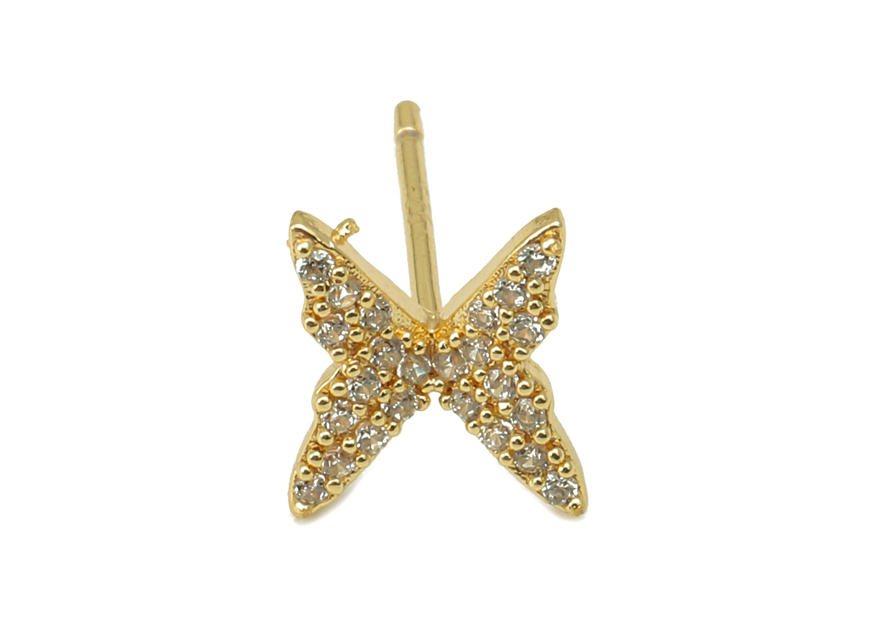 Brass Butterfly Earring Post - Gold Cubic Zirconia Exquisite Butterfly Earring Stud - 18k real gold-plated brass- 14x8x1.5mm- RGP6144 - DOMEDBAZAAR