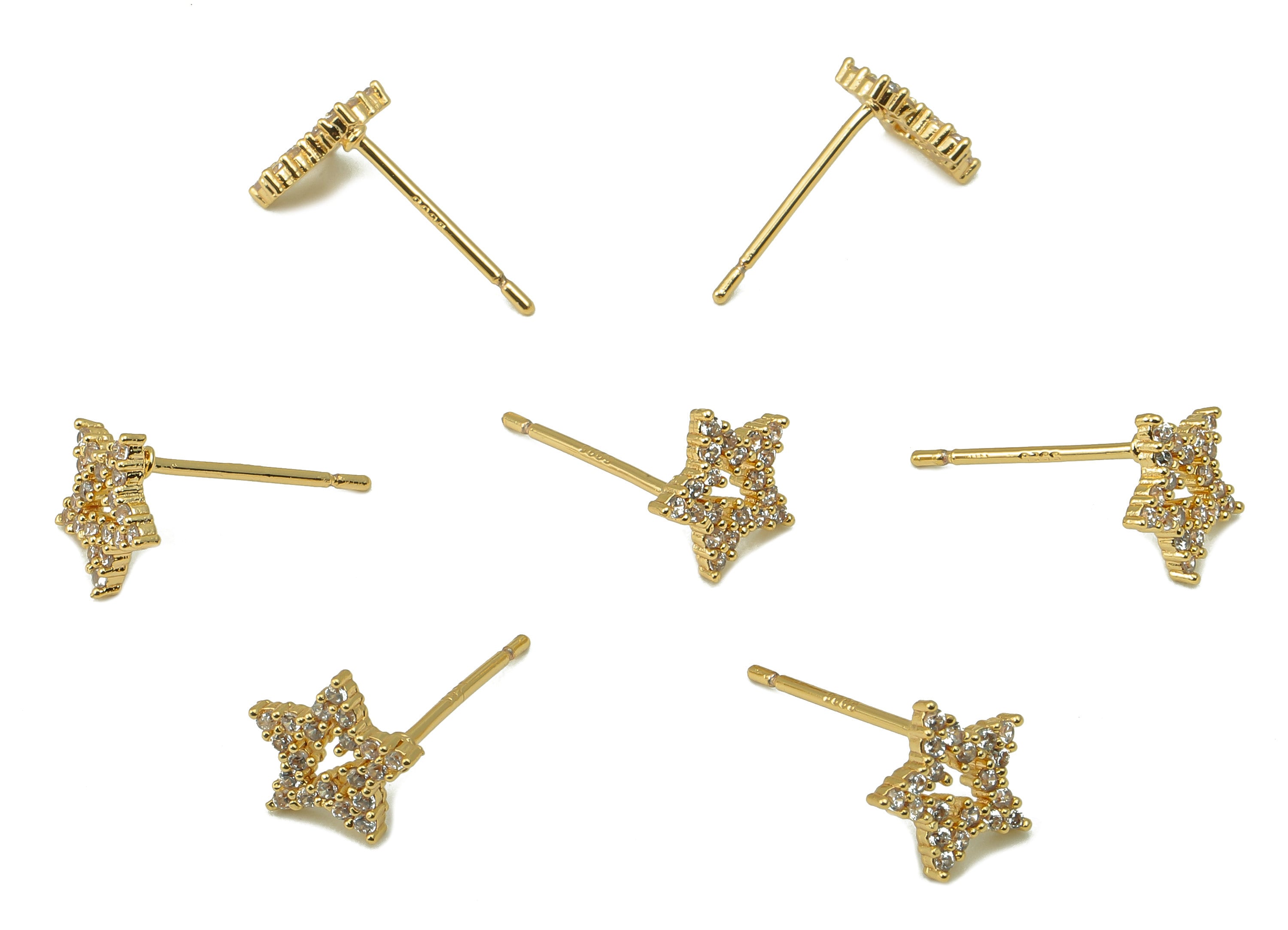 Brass Carved Star Earring Post - Gold Cubic Zirconia Exquisite Star Earring Stud - 18k real gold-plated brass- 14x8x1.4mm- RGP6145 - DOMEDBAZAAR