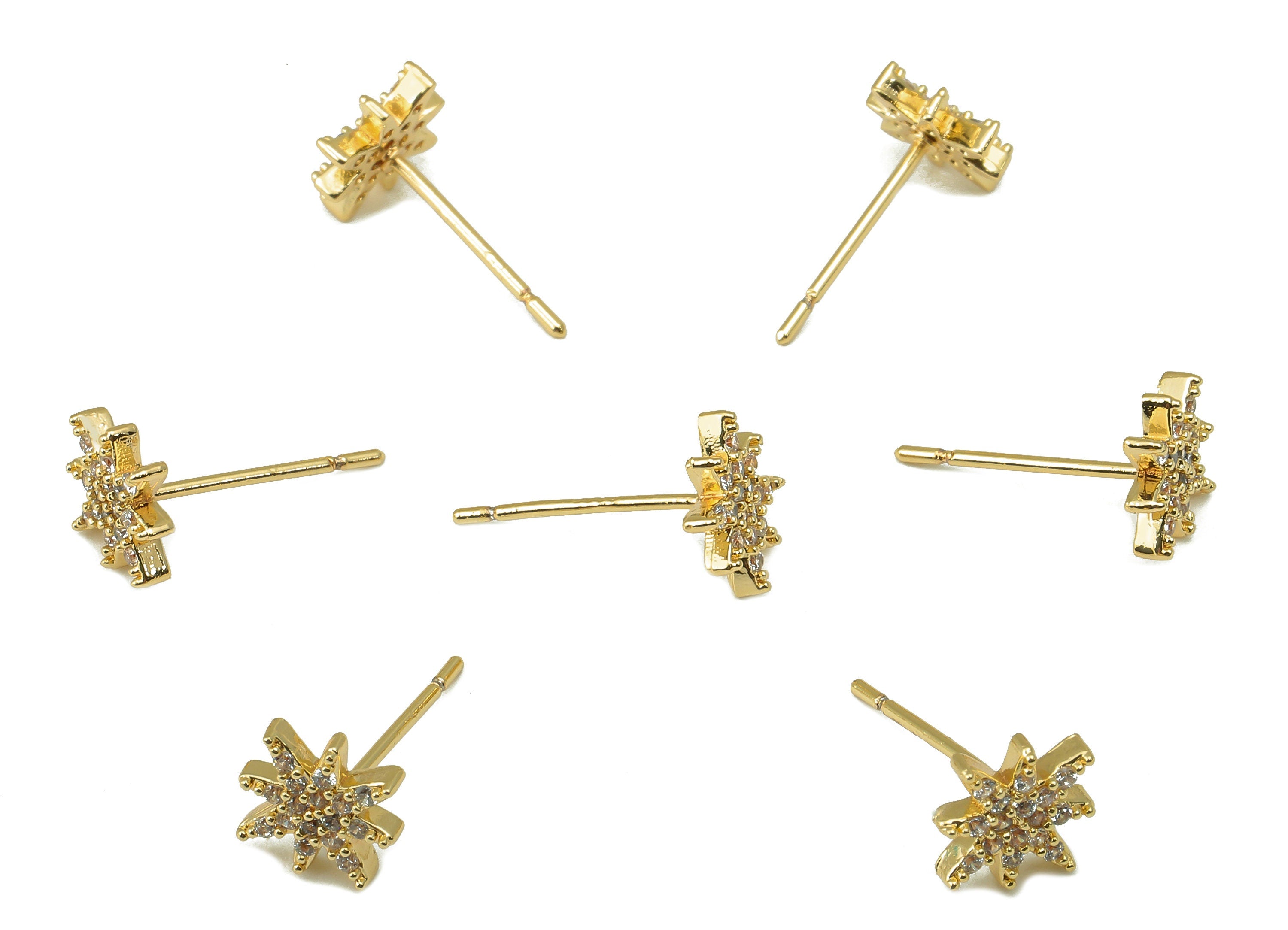 Brass Snowflake Earring Post - Gold Cubic Zirconia Flower Earring Stud -CZ Lightning Stud-18k real gold-plated brass- 14x7x2mm- RGP6146 - DOMEDBAZAAR