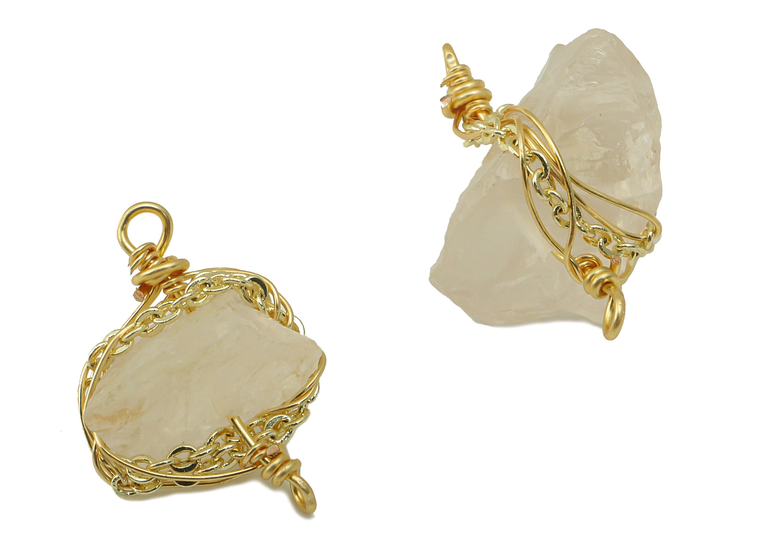 Rose Quartz Earring Charms - Brass Wire Wrapped Pendant - Crystal Healing - Natural Stone Connector - Gold Tone Plated -12x11.8x5mm-NS1893A - DOMEDBAZAAR