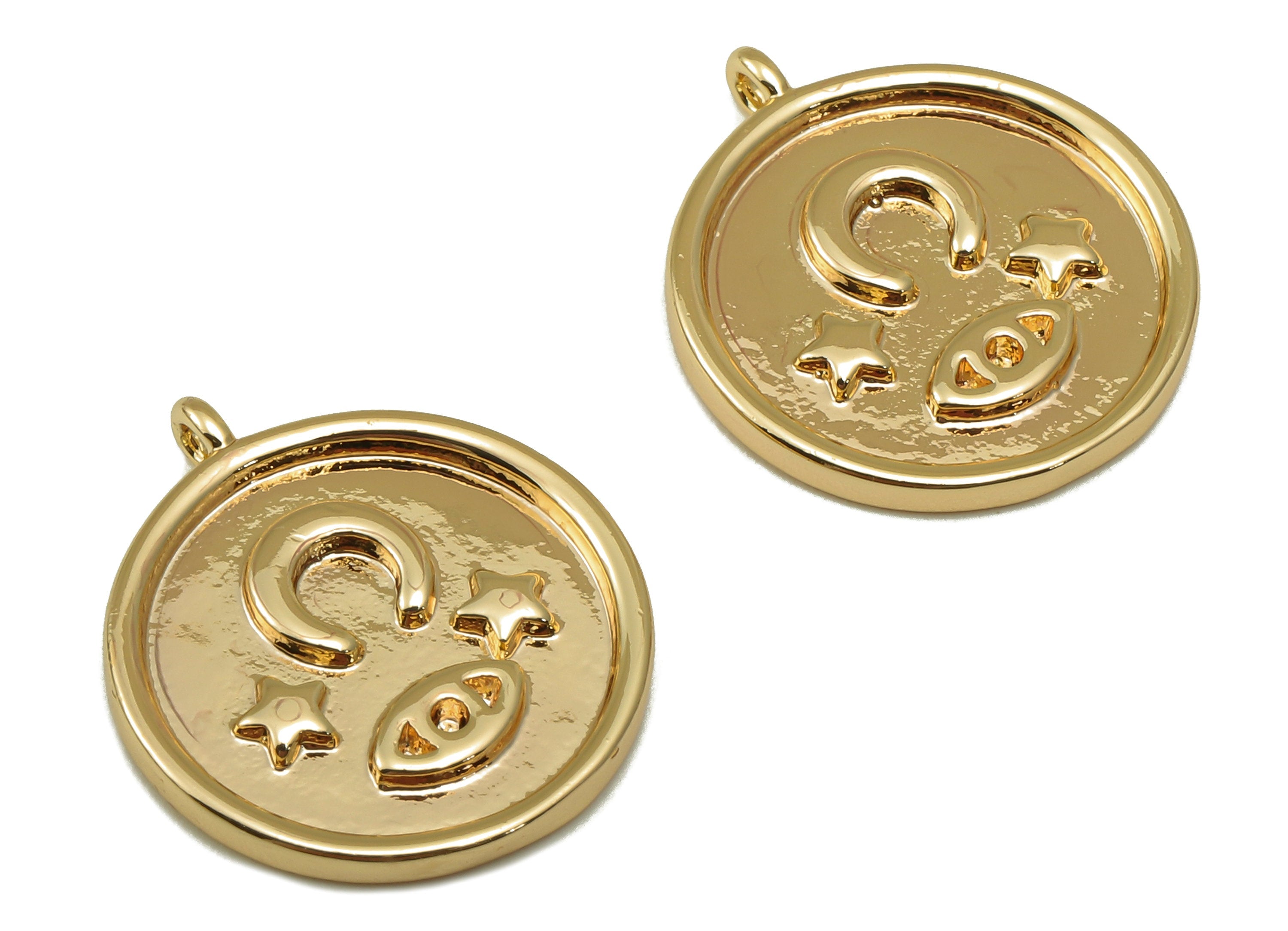 Brass Round Earring Charm - Brass Crescent Star Earrings - Gold Eye Pendant  - For Necklace - Jewelry Making - 20.03x 17.43x 1.76mm-RGP6664 - DOMEDBAZAAR
