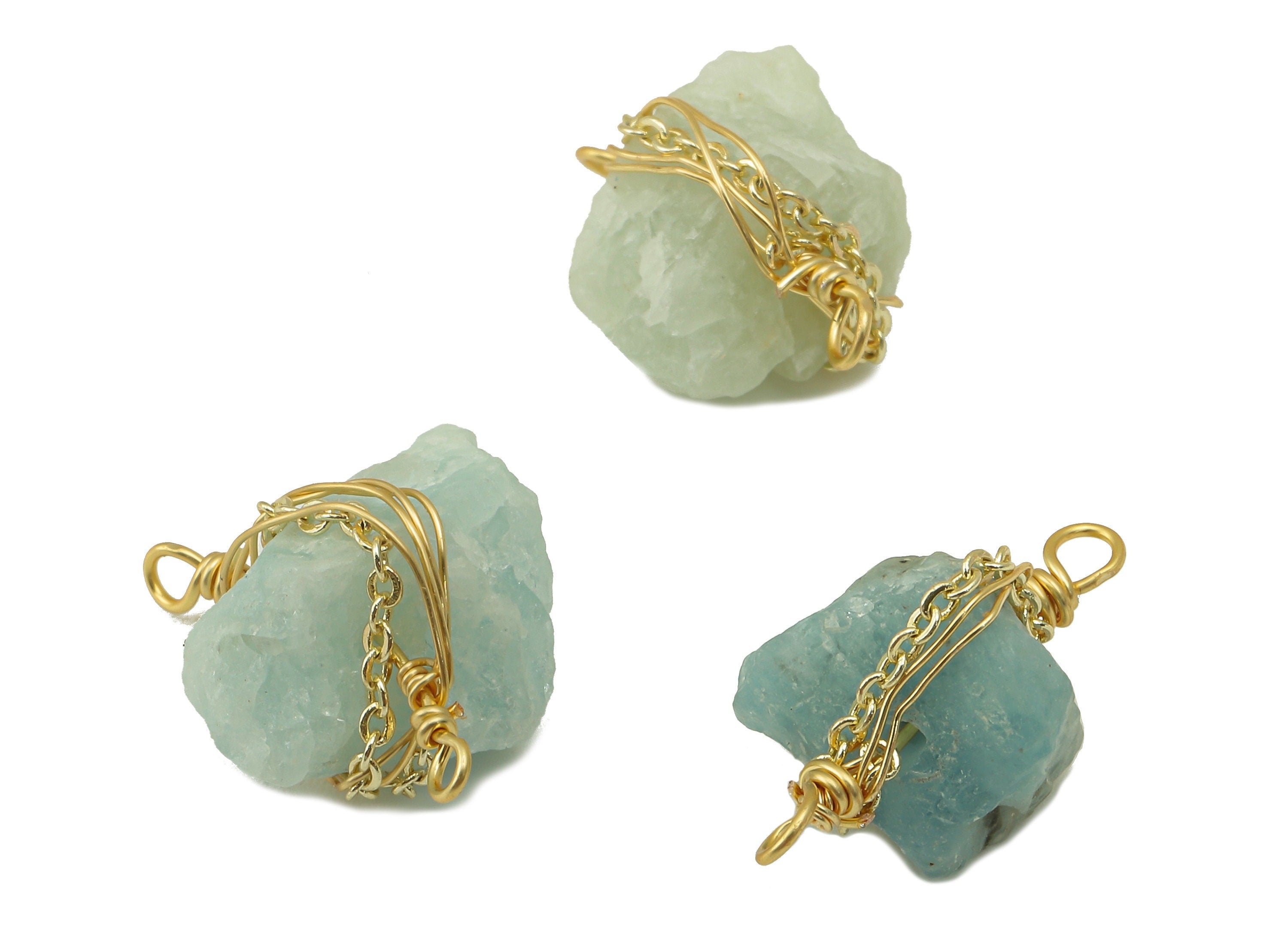 amazonite Earring Charm - Brass Wire Wrapped Pendant - Crystal Healing - Natural Stone Connector - Gold Tone Plated -14x 18x 6.53mm-NS1893C - DOMEDBAZAAR