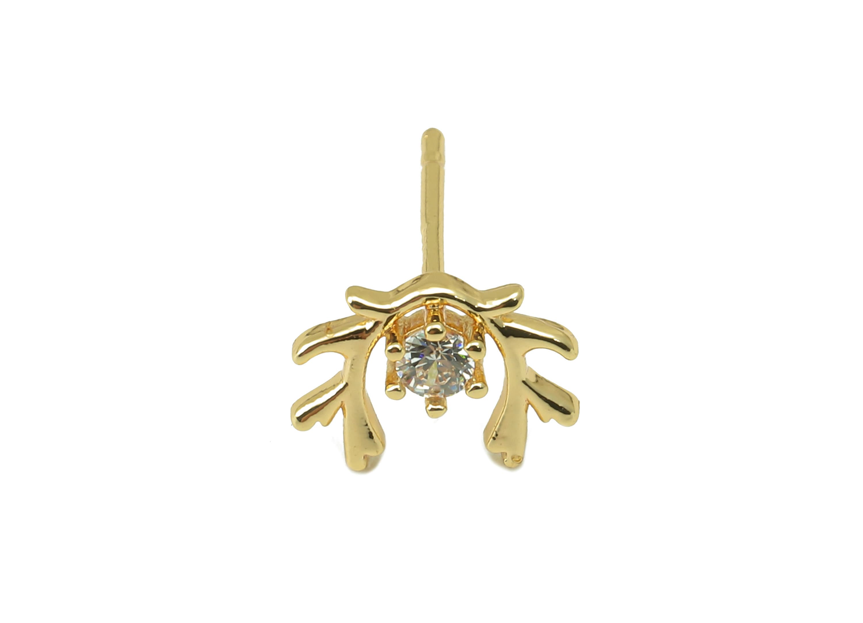 Brass Antler Earring Post - Cubic Zirconia Olive Branch Earring Stud -18k real gold-plated brass-Jewely Making Supplies -7x9x2.8mm- RGP6148 - DOMEDBAZAAR