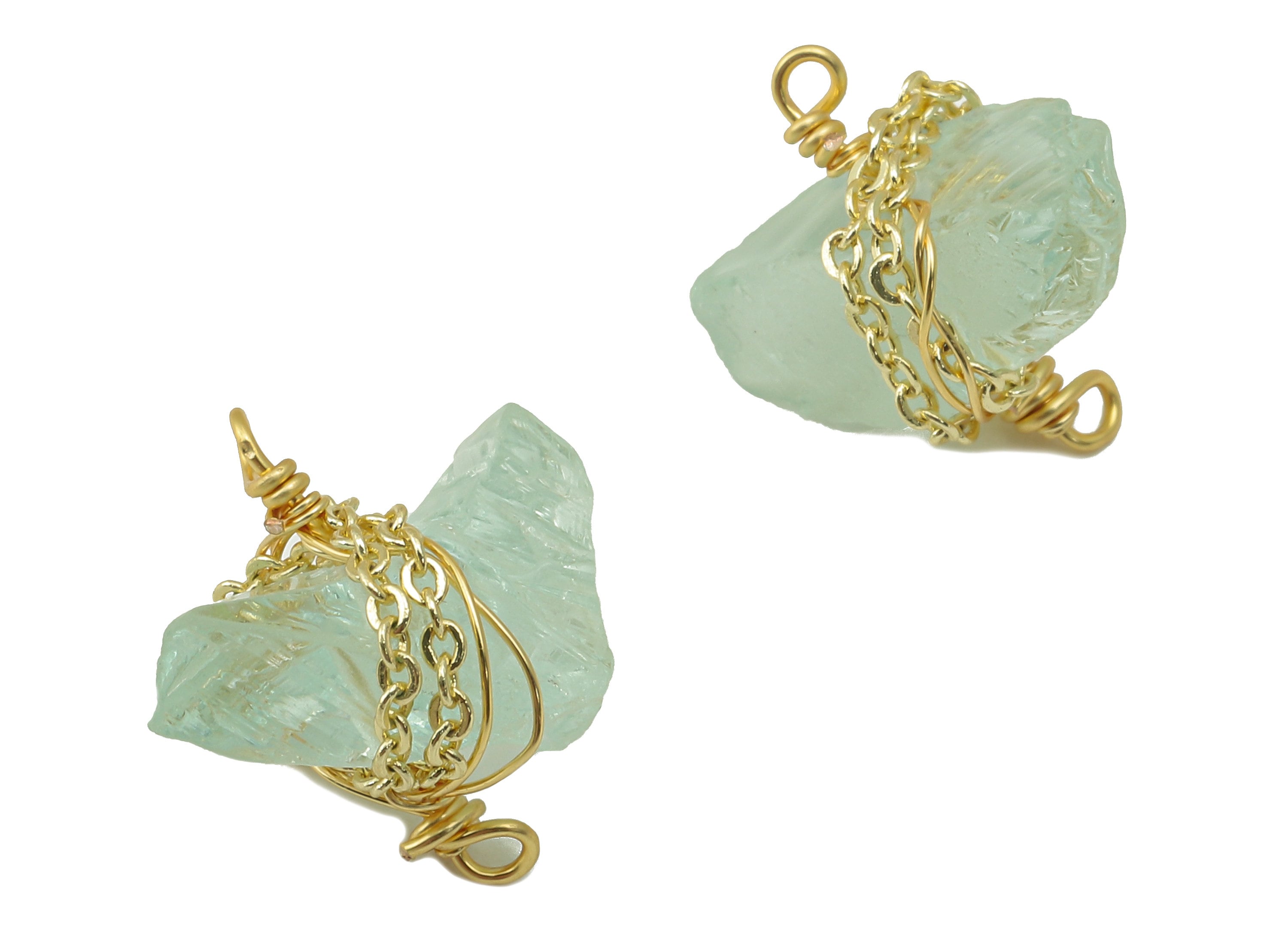 Aquamarine Earring Charm - Brass Wire Wrapped Pendant - Connector - Natural Stone - Gold Tone Plated -14.6x16.16x9mm-NS1893F - DOMEDBAZAAR