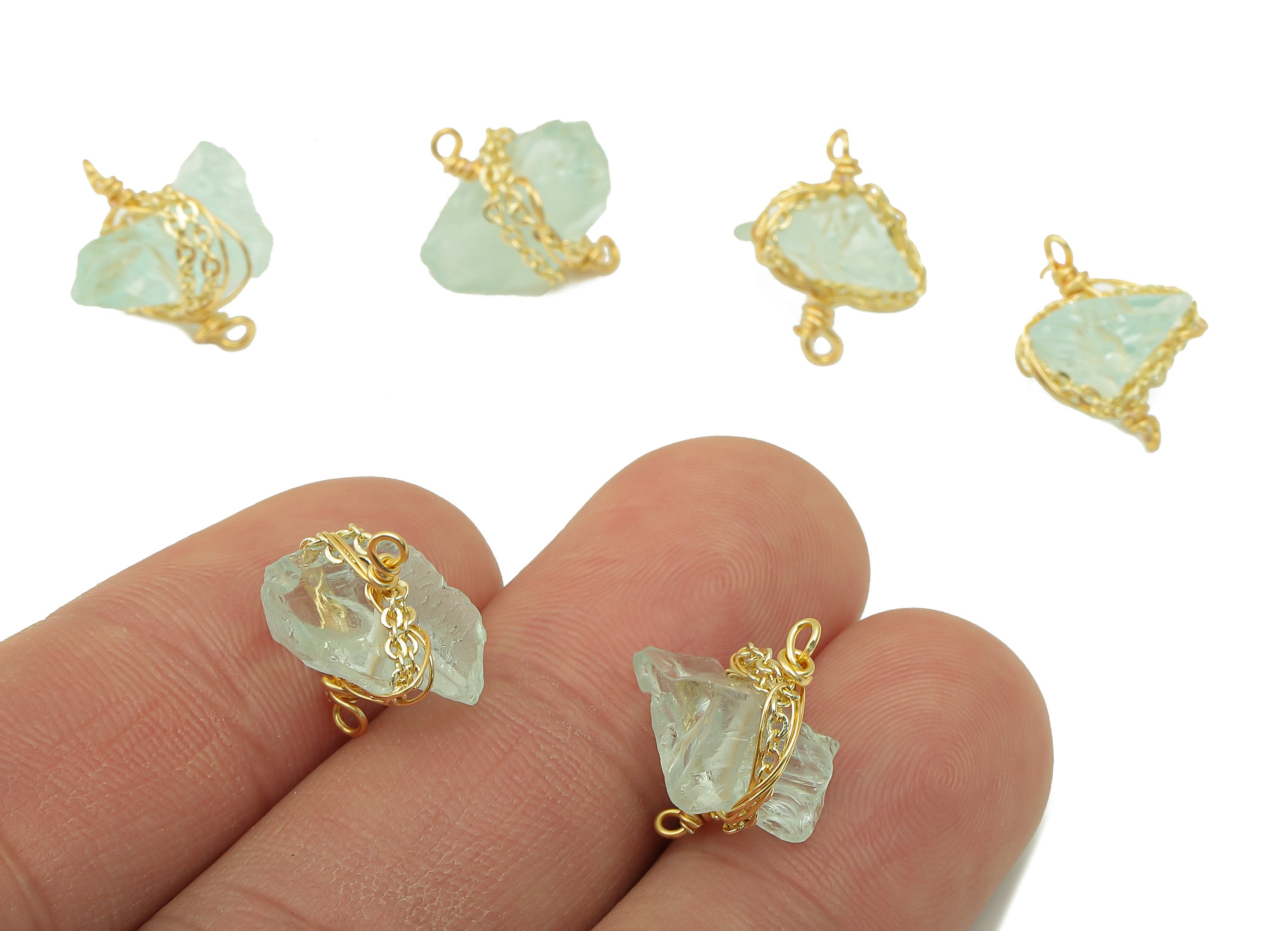 Aquamarine Earring Charm - Brass Wire Wrapped Pendant - Connector - Natural Stone - Gold Tone Plated -14.6x16.16x9mm-NS1893F - DOMEDBAZAAR