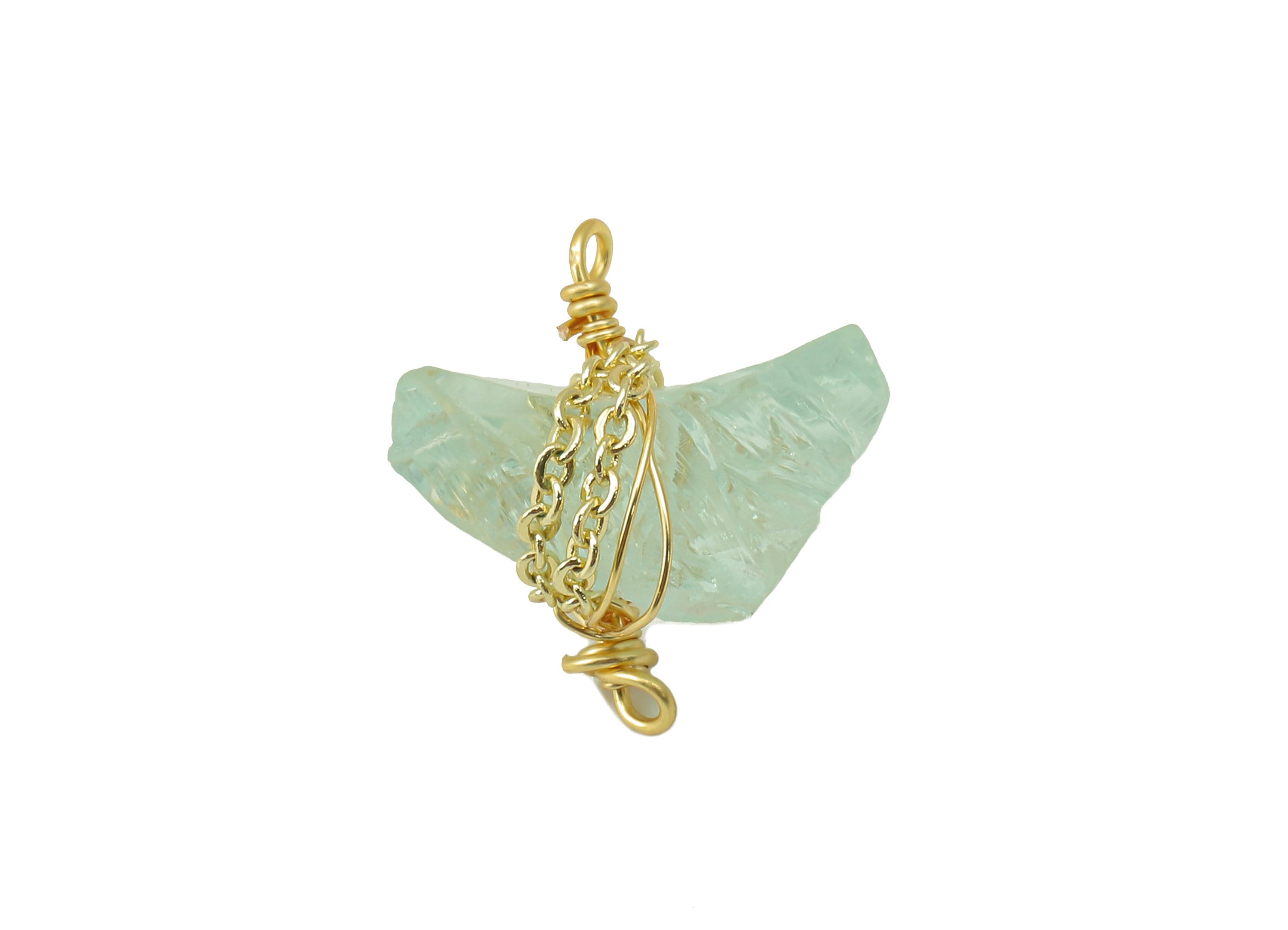 Aquamarine Earring Charm - Brass Wire Wrapped Pendant - Connector - Natural Stone - Gold Tone Plated -14.6x16.16x9mm-NS1893F - DOMEDBAZAAR