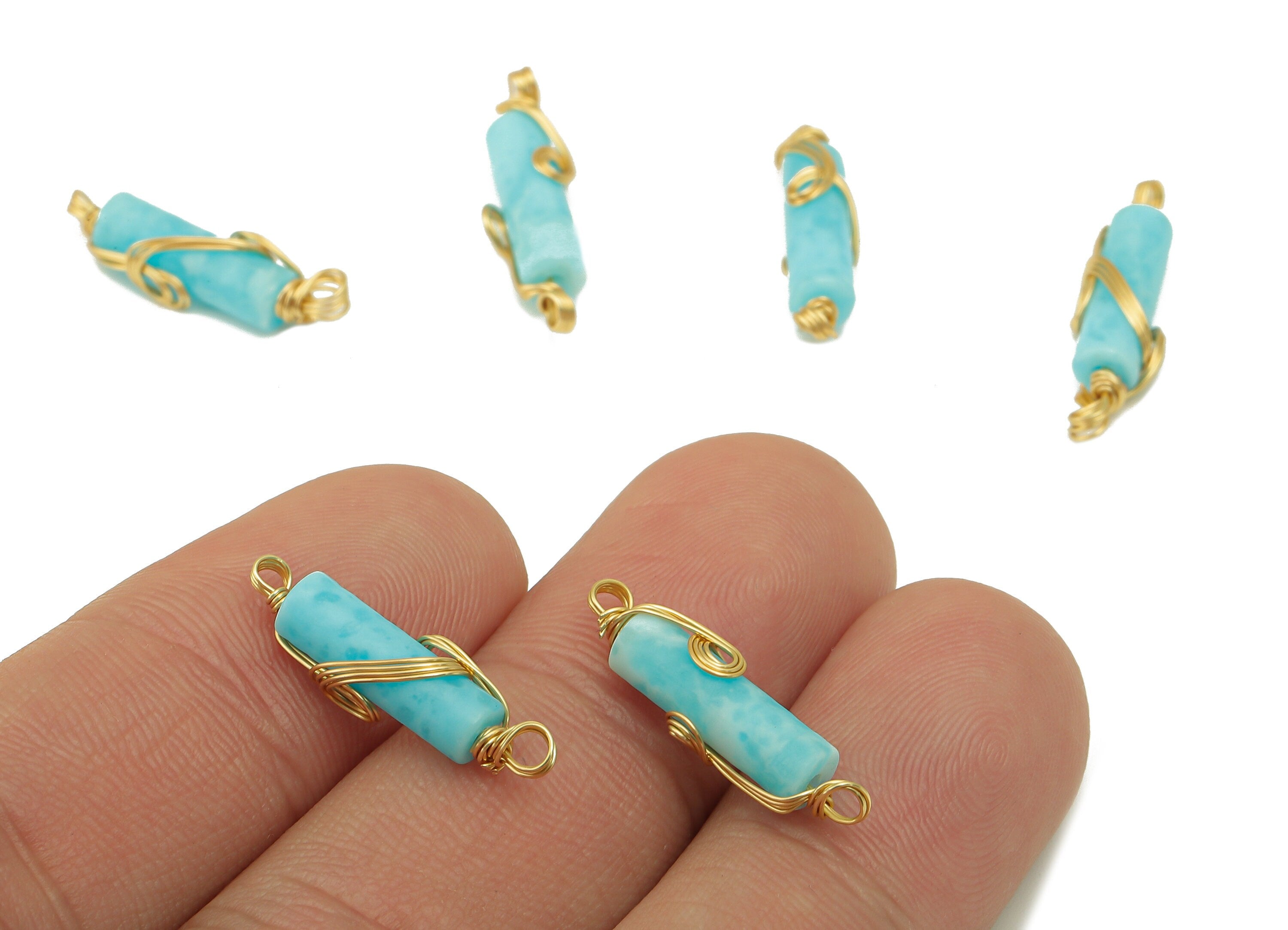 larimar Earring Charm - Brass Wire Wrapped Pendant - Cylinder Connector - Cylinder Natural Stone - Gold Tone Plated -22.6x4.75x4.1mm-NS1894A - DOMEDBAZAAR
