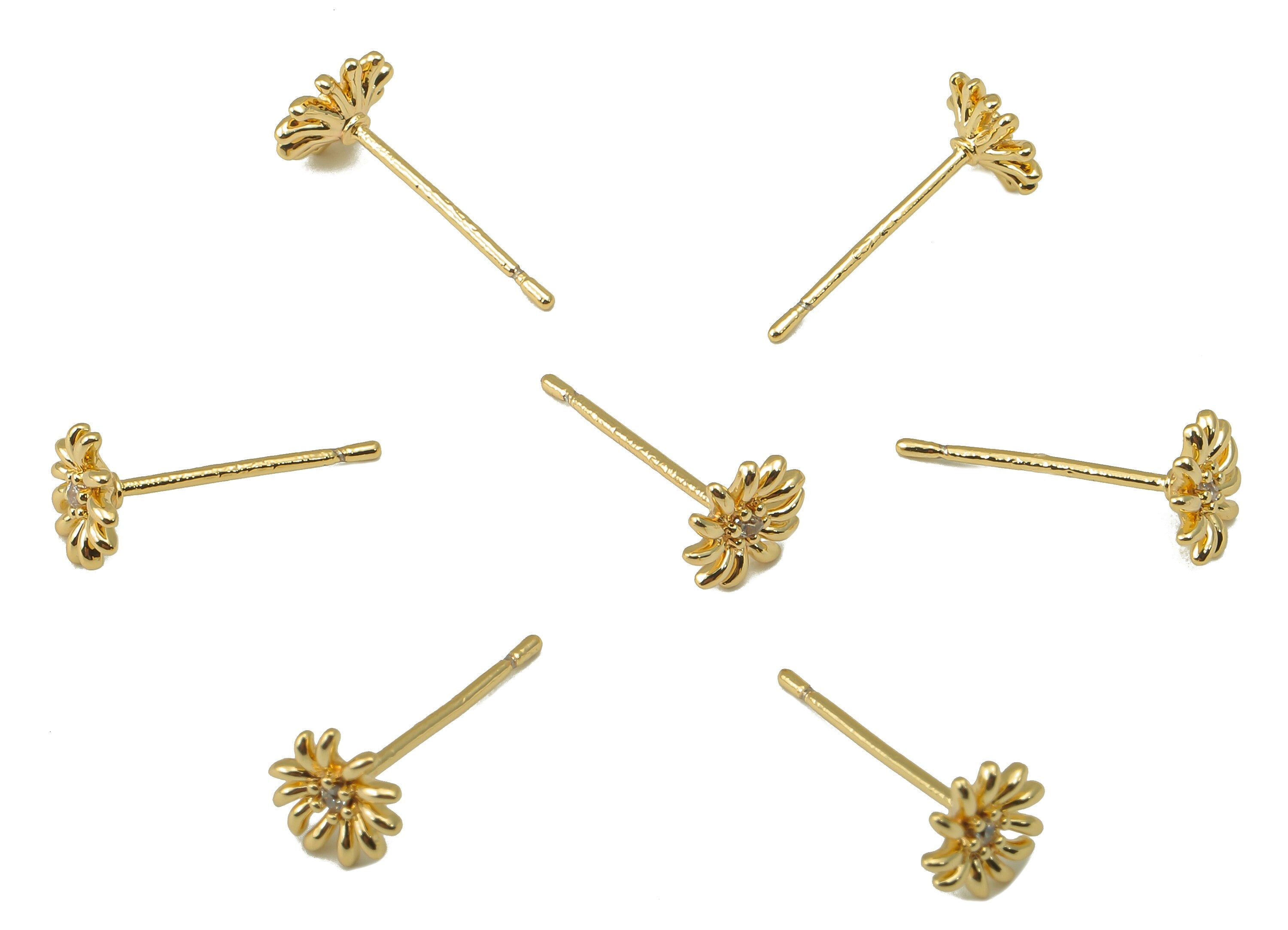 Brass Flower Earrings Stud - Gold Daisy with Cubic Zirconia Earring Post - Stud Earring - 18k real gold-plated brass-14x6x1.8mm- RGP6150 - DOMEDBAZAAR