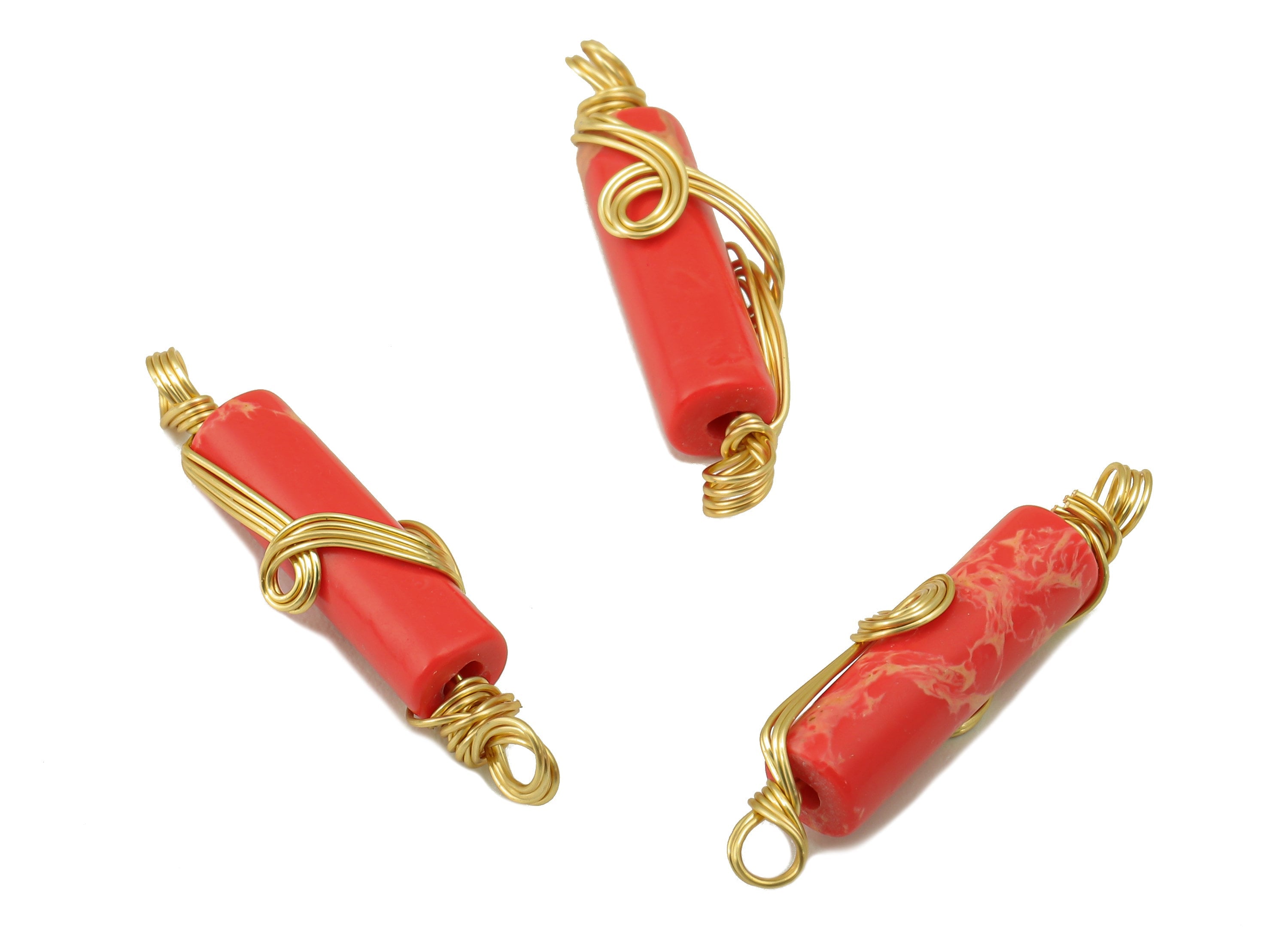 Natural Stone Earring Charm - Brass Wire Wrapped Pendant - Red Cylinder Natural Stone - Gold Tone Plated -21.86 x 4.79 x 4.12mm-NS1894B - DOMEDBAZAAR