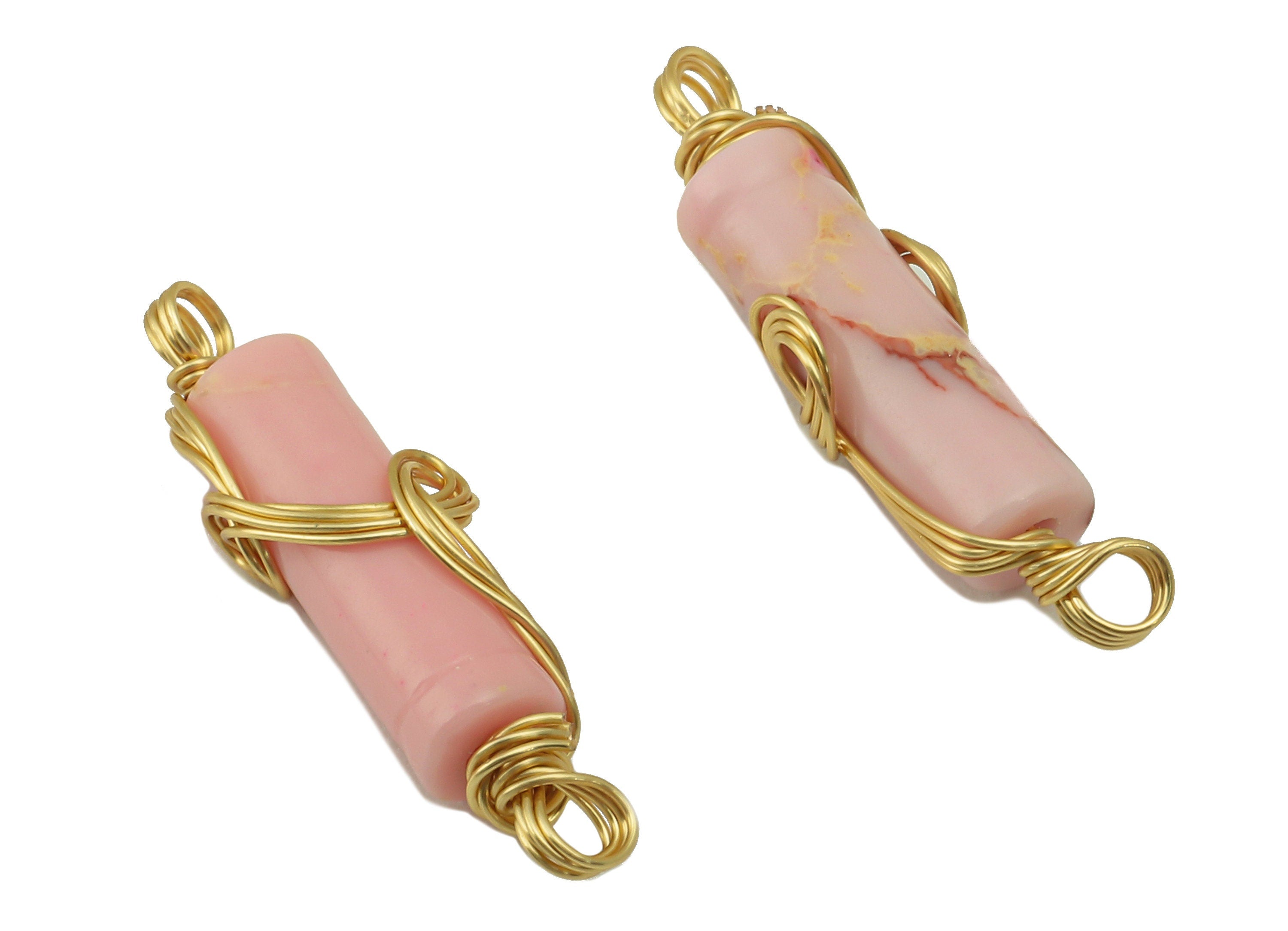 Natural Stone Earring Charm - Brass Wire Wrapped Pendant -Pink Cylinder Natural Stone Connector - Gold Tone Plated -22x4.67 x 4.07mm-NS1894C - DOMEDBAZAAR