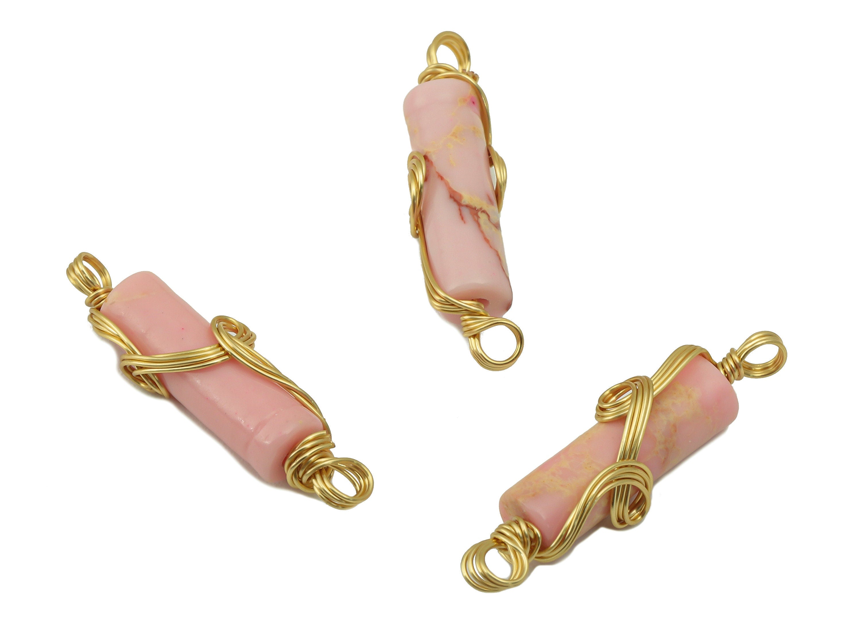 Natural Stone Earring Charm - Brass Wire Wrapped Pendant -Pink Cylinder Natural Stone Connector - Gold Tone Plated -22x4.67 x 4.07mm-NS1894C - DOMEDBAZAAR
